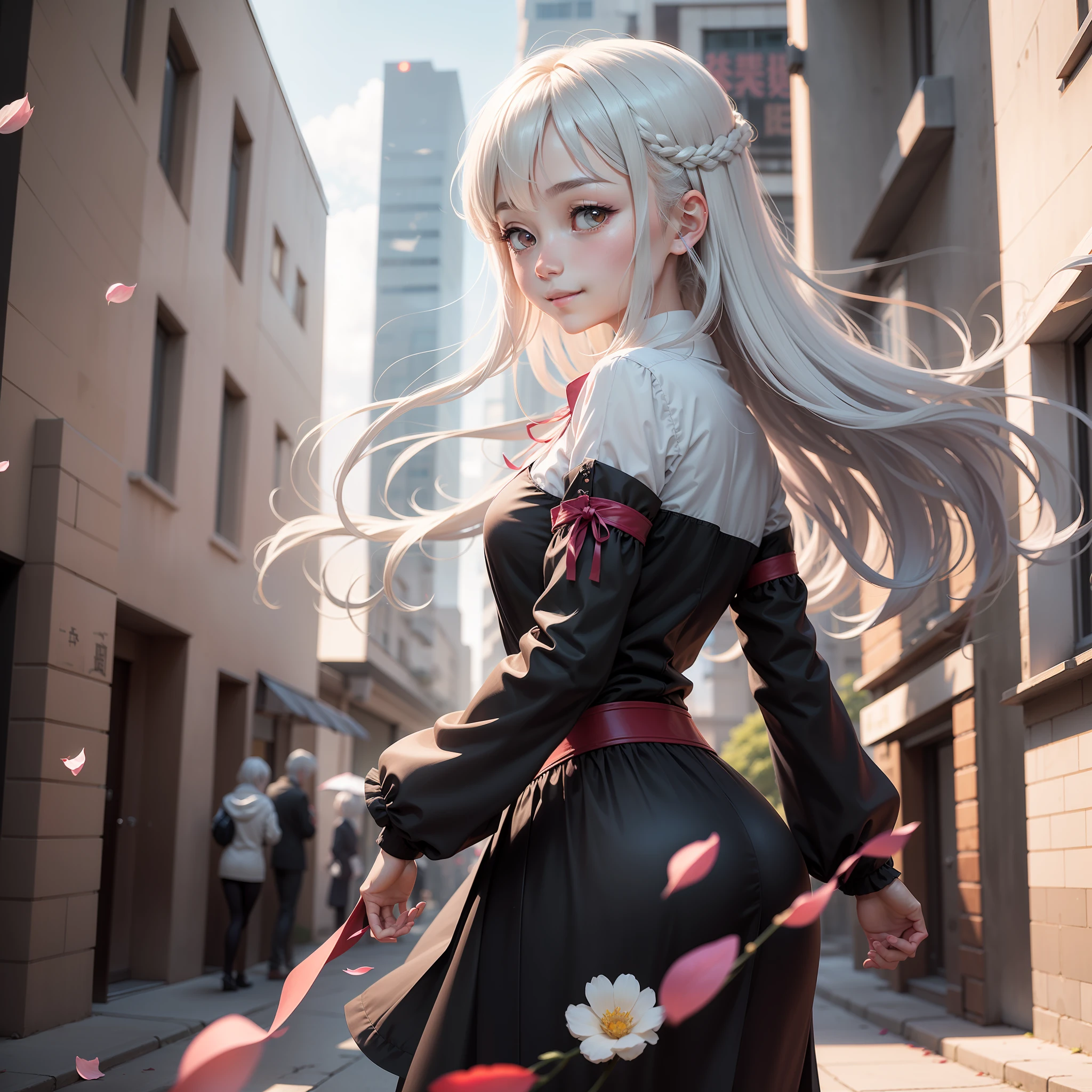 (Precise details,巨作,best qualtiy) A girl in Japanese anime style,Dressed in black,Stand proudly in the wind in front of the building,Long white strands of white hair dance in the wind,Like soft satin。The details of the buildings standing behind you have been optimized,It gives the illusion of being in the world of anime。A shy smile bloomed on her cheeks,Like blushing petals。