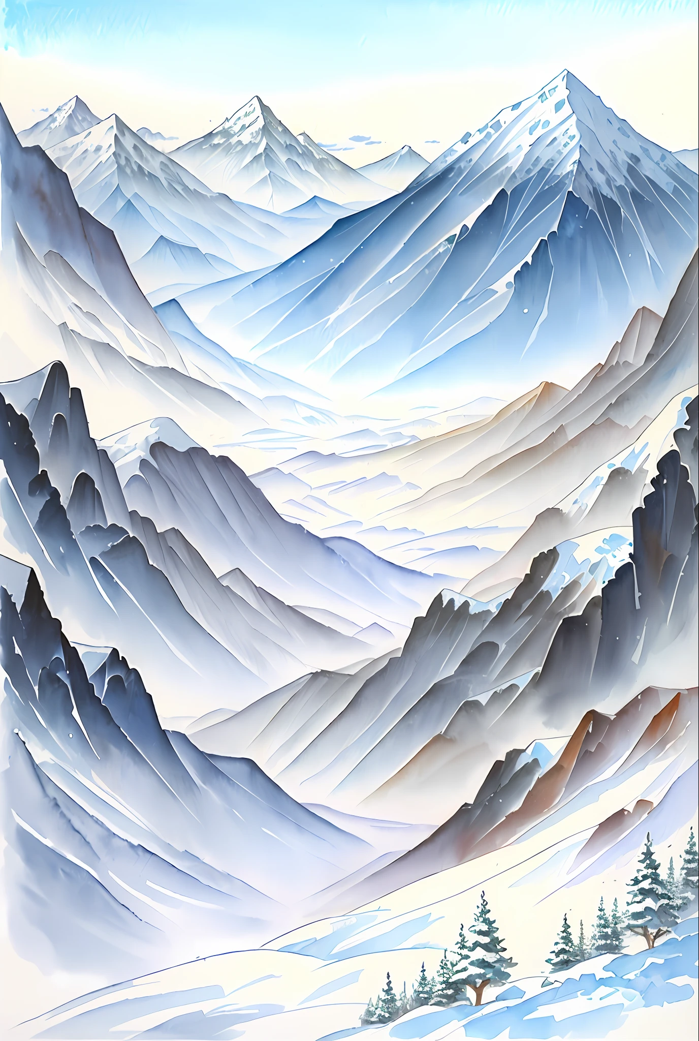 ( acuarela \(Medio\), dibujo, snow capped mountains.