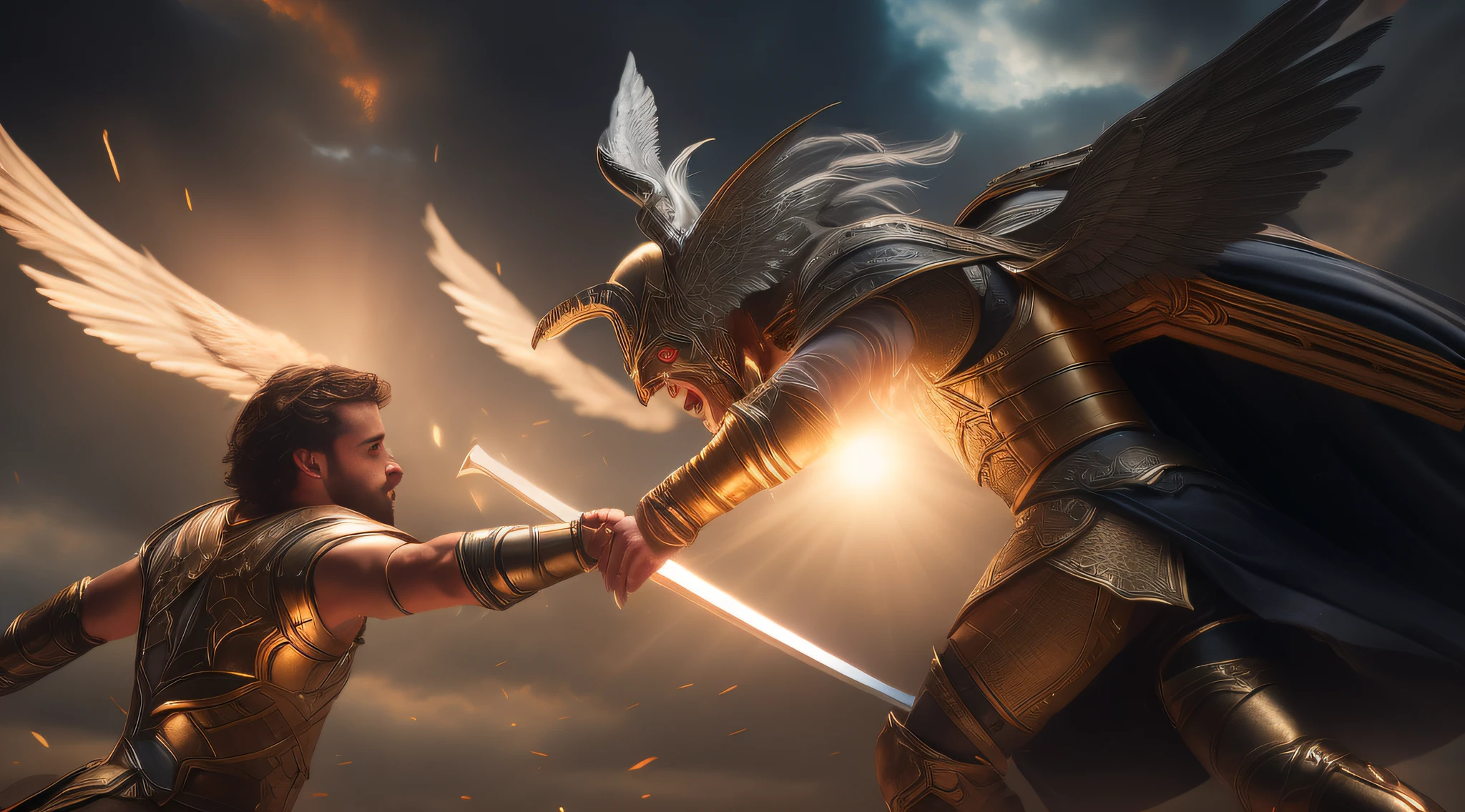 Closeup An angel and a demon with armor and swords fighting in the 4K sky, melhor qualidade,( epics, Realistic), (cores neutras : 1.2), ( HDR:1.4) , ( cores suaves: 1.2), hiperdetalhado, (art-station:1.4 ), (cinemactic) (Detalhe complexo:1.1)