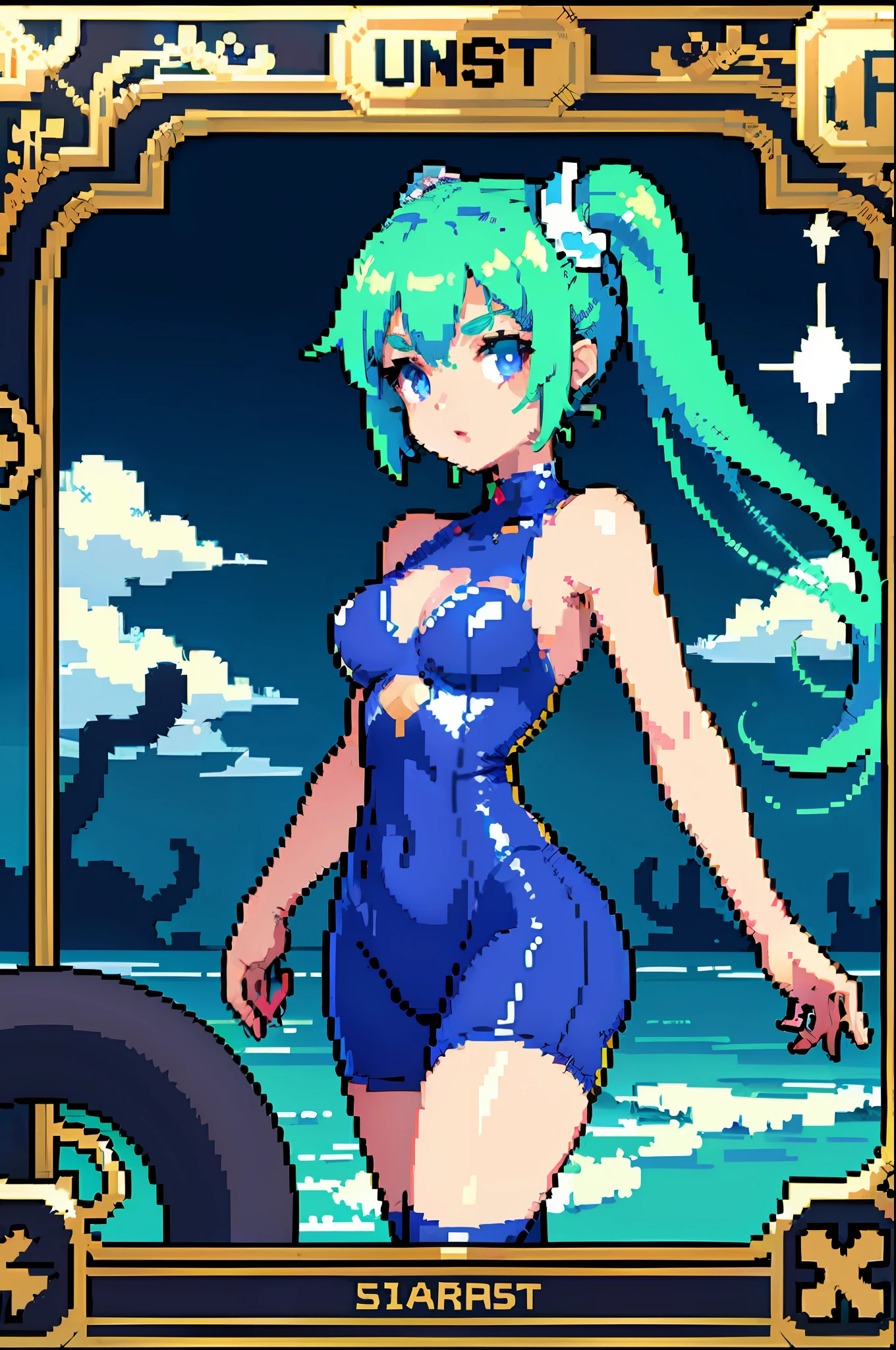 （tmasterpiece，top Quority，best qualtiy），pix，pixelart，1girl，full bodyesbian，hatsune，swim wears，saberface