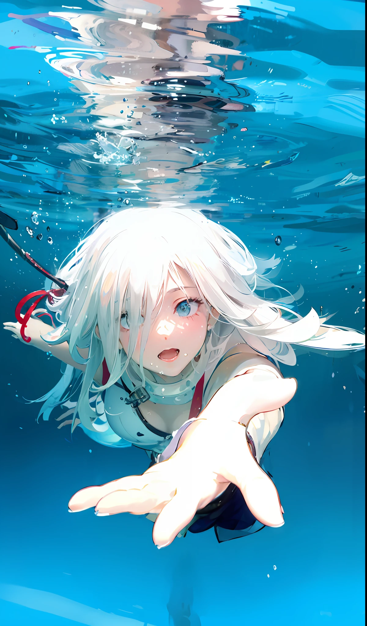 Flowing white hair, Under water,Take underwater photos underwater