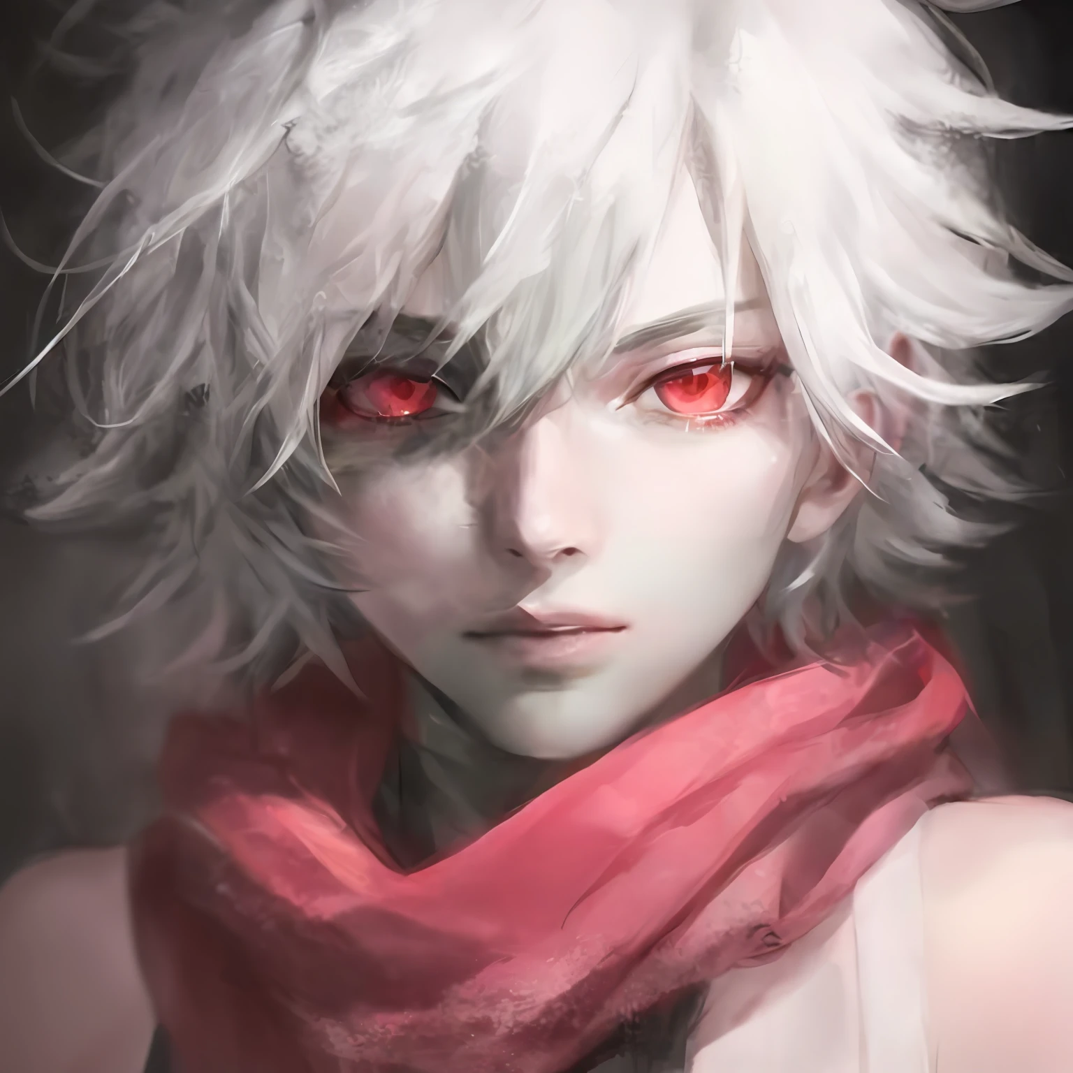 a close up of a person with a white hair and a red scarf, Guviz, Stunning anime face portrait, nagito komaeda, Guviz-style artwork, kaneki ken, author：Ei-Q, made with anime painter studio, anime portrait, killua zoldyck portrait, face anime portrait, painted in anime painter studio