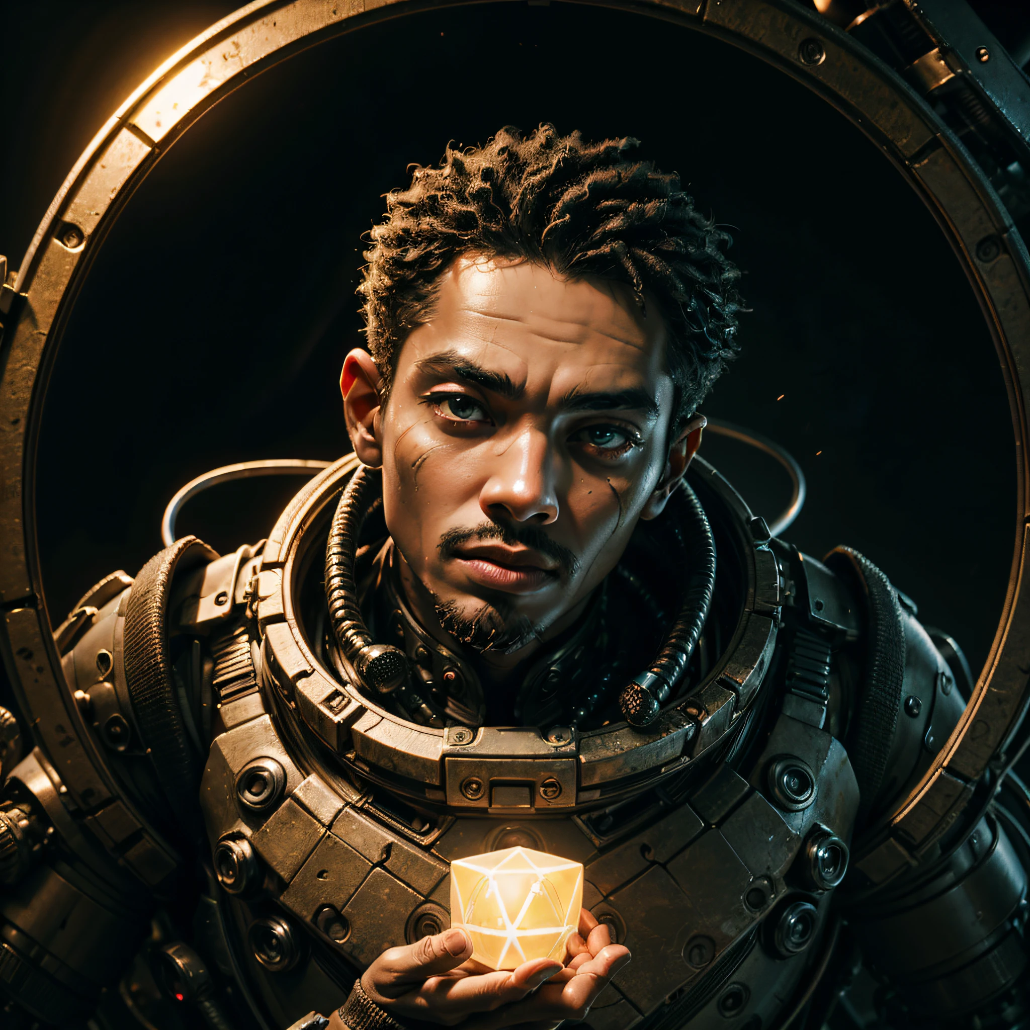 a man coming out of a Stargate like the one in Stargate SG1, Black man. dark skin, detailed skin, holding a mechanical cube with circles on the sides. the cube has some glowing lines. the cube is metallic, radiating energy. the man is commanding the cube, the man is a scientist, dynamic, Hyper realistic, Photography, Picture of the week, RAW, beautiful, (finely detailed skin), African skin, (masterpiece) (perfect proportion)(realistic photo)(best quality) (detailed) photographed on a Canon EOS R5, 50mm lens, F/2.8, HDR, (8k) (wallpaper) (cinematic lighting) (dramatic lighting) (sharp focus) (intricate)