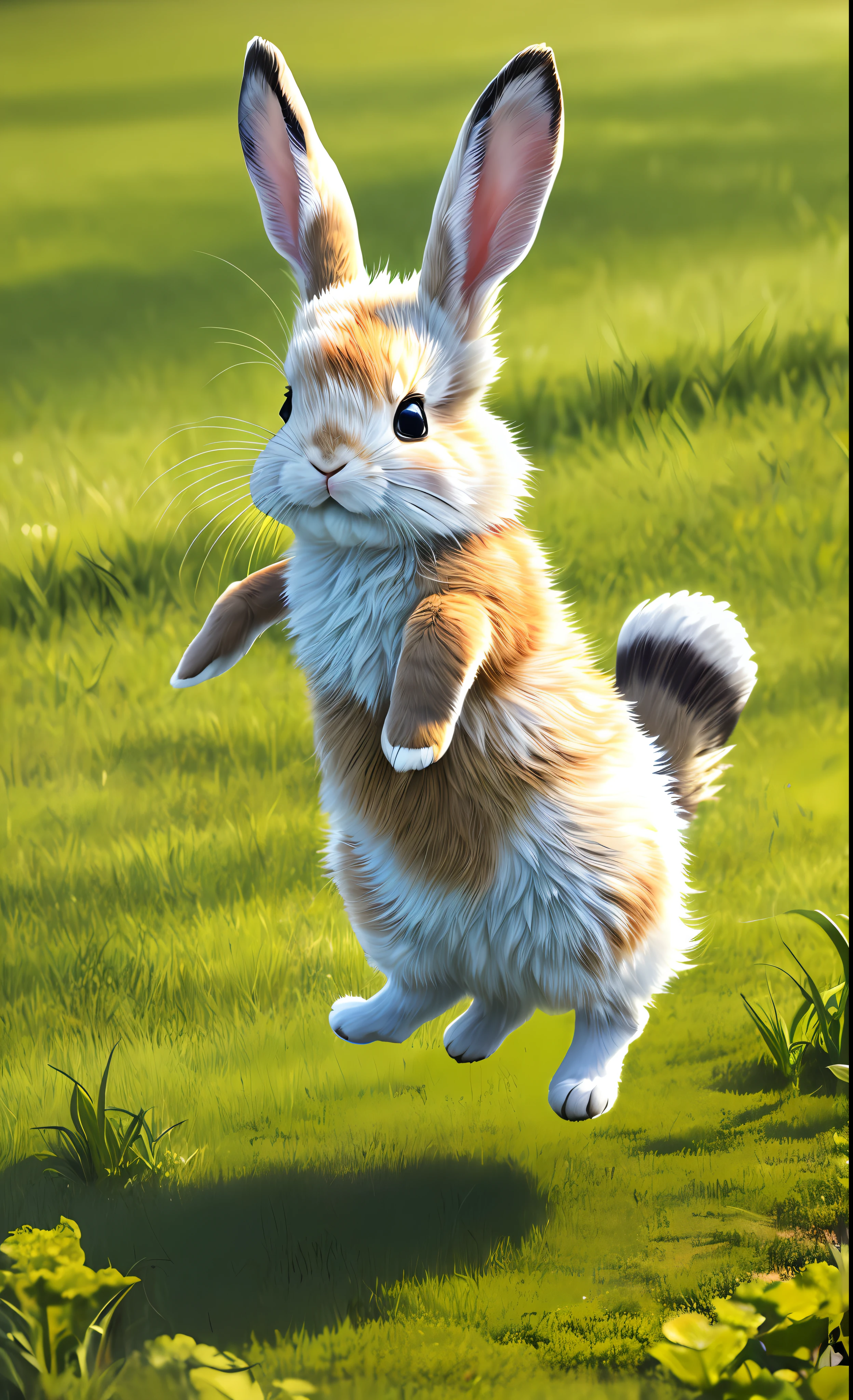 ((masterpiece, best quality)), soil, animal ears, fluffy rabbit, rabbit ears, jumping, grass, outdoor, full body, animal, sunlight, dappled, daytime, depth of field --v6