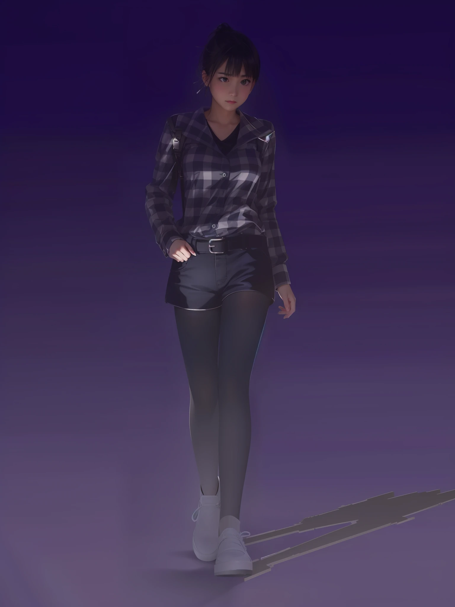 (Top image quality、masterpiece:1.1)、(reallistic:1.4)、1girll、cowboy shot、Anxious expression、Walking while frightened by something、Stockings on shorts、