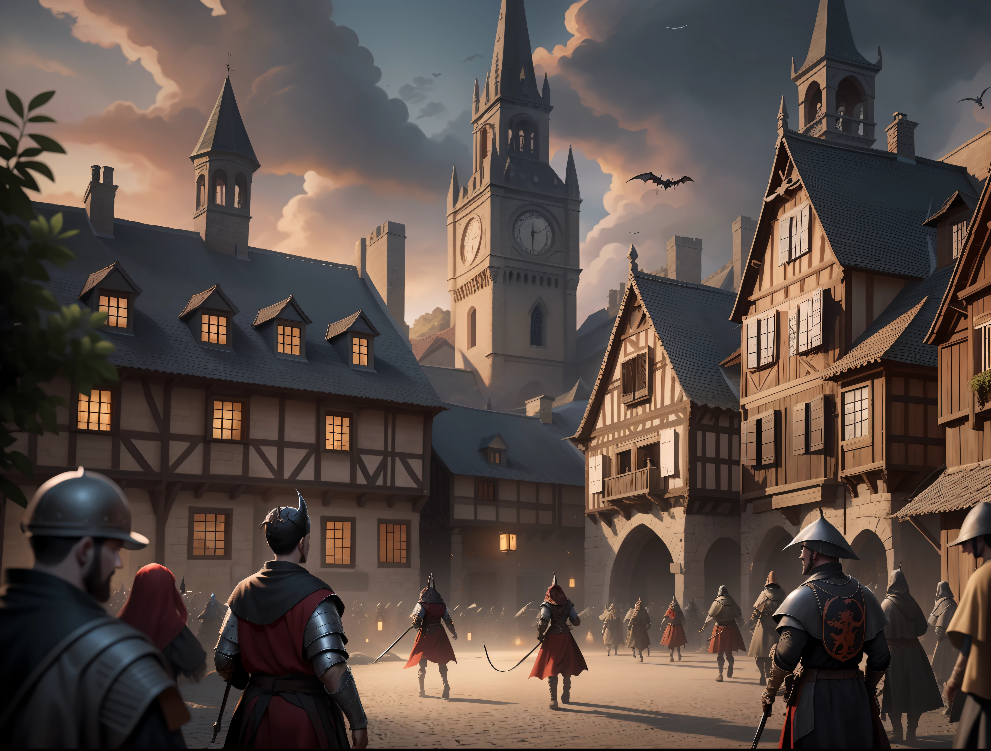 Horde of demons flying over a medieval village, estilo medieval, noite escura e sombria, Succubus alada em primeiro plano, in the background many demons, 8k, maximum detailed, high quality, fantasy