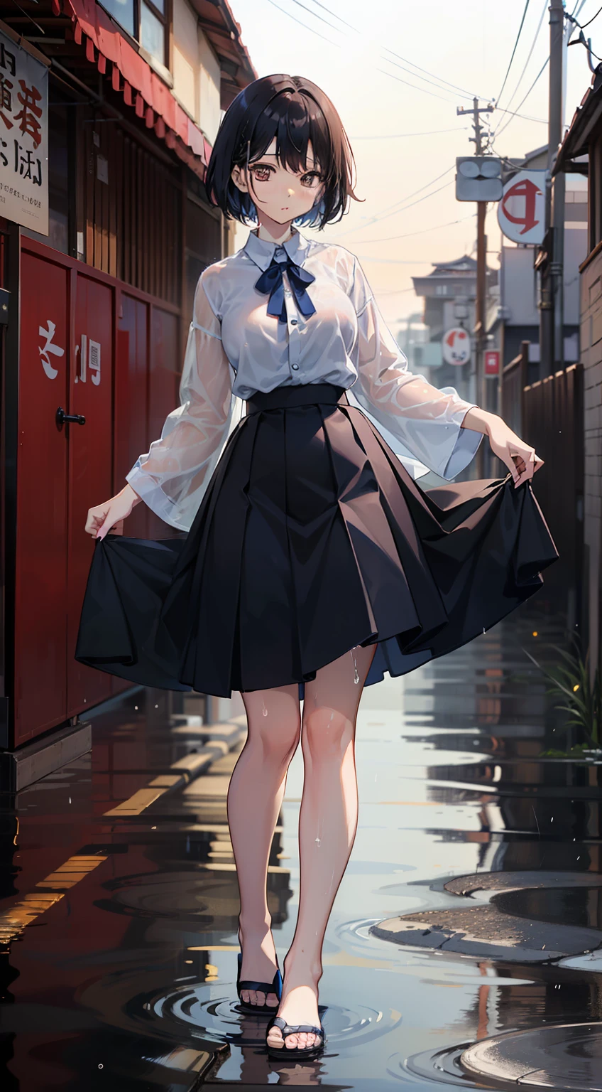 japanaese girl、a 18 year old girl、Pull Shorthair、bangss、Brown-eyed、Perfect figure、Transparency、The sheen、Gloss、modest breasts、校服、Navy blue ribbon、Light blue shirt、Navy blue skirt、Hikaru、Burning Body、Beautiful feet、Strong sunshine、Odious、Rain-drenched body、