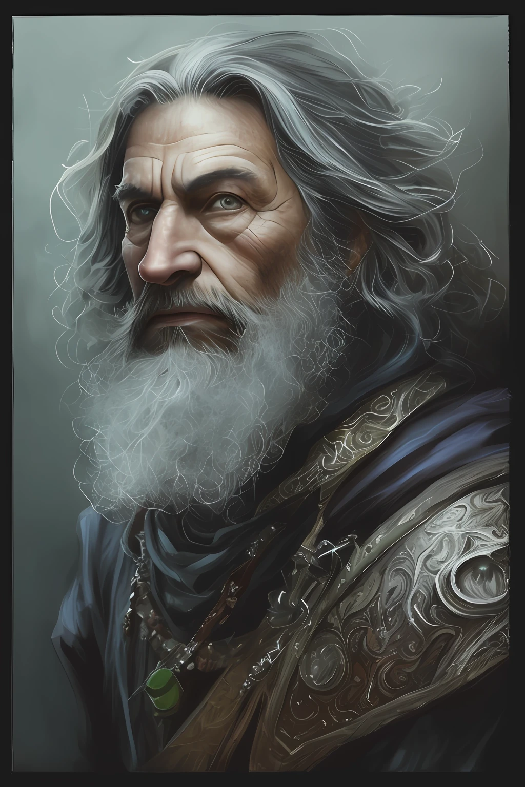 High angle detailed ((dnd dwarf businessman portrait)), continued, high definition, (oil painting: 1.1), (comic art style: 1.5), (ink outline: 1.3), stunning, people, portrait, (((sideways view ))), angular features, (black hair), (soft natural color: 1.3) painting style by Jean Baptiste Monge middle age, male, dwarf, rich, jewel, gold coin, chunky, big nose, big face, neat beard
