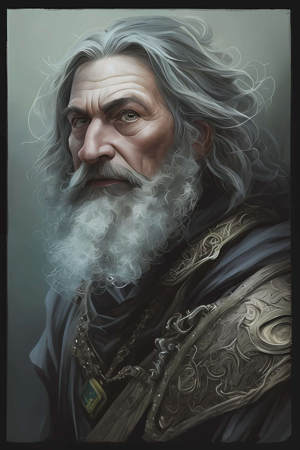 High angle detailed ((dnd dwarf businessman portrait)), continued, high definition, (oil painting: 1.1), (comic art style: 1.5), (ink outline: 1.3), stunning, people, portrait, (((sideways view ))), angular features, (black hair), (soft natural color: 1.3) painting style by Jean Baptiste Monge middle age, male, dwarf, rich, jewel, gold coin, chunky, big nose, big face, neat beard