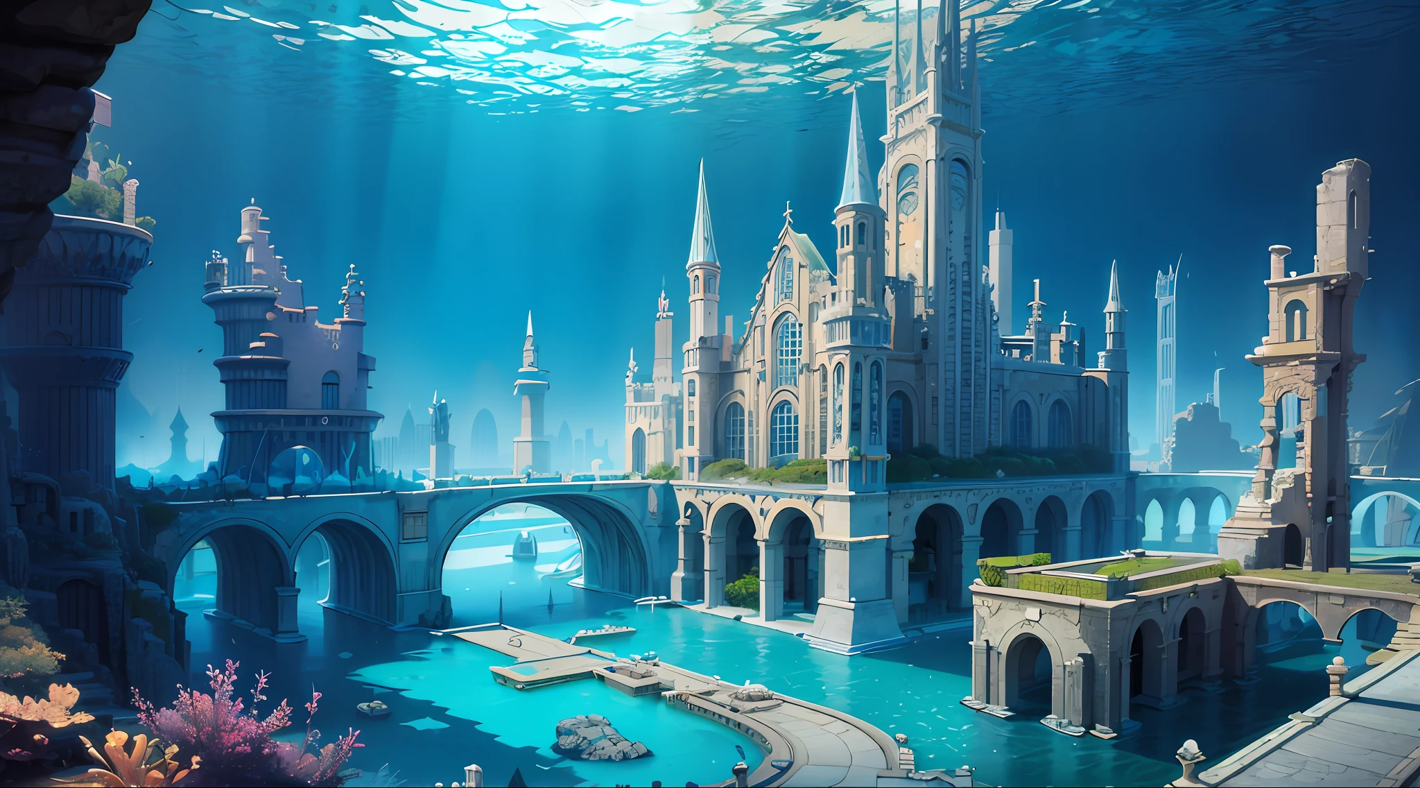 there is a castle in the middle of a body of water, an underwater city, Underwater city, atlantis city, city of atlantis, the city of atlantis, futuristic underwater metropolis, lost city of atlantis, lost city of atlantis, atlantis background, fantasy capital city, futuristic castle, an immense floating castle, fantasy city background, fantasy cityscape, stylized urban fantasy artwork