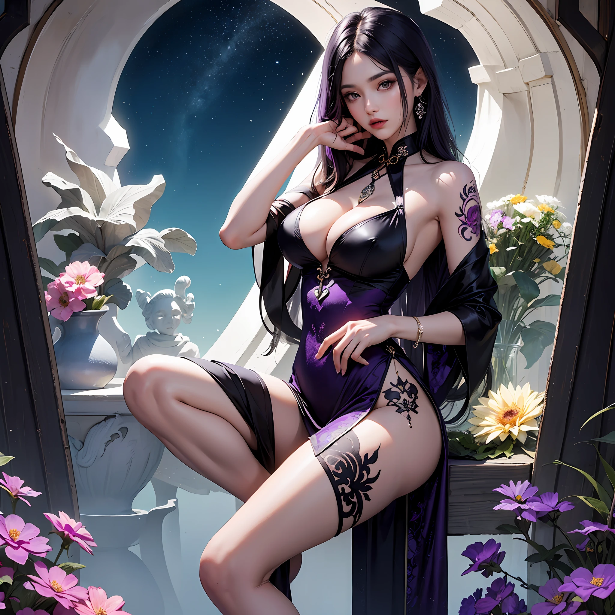 tmasterpiece,The photograph,Black-purple gradient hair,Long hair,Black cheongsam,Large breasts to expose cleavage,big breasts thin waist,Large butts,long legged,Flower arm tattoo,Flower leg tattoo,high-heeled,starrysky,A deep,Raised sexy,grieves,Desolation,barren --auto