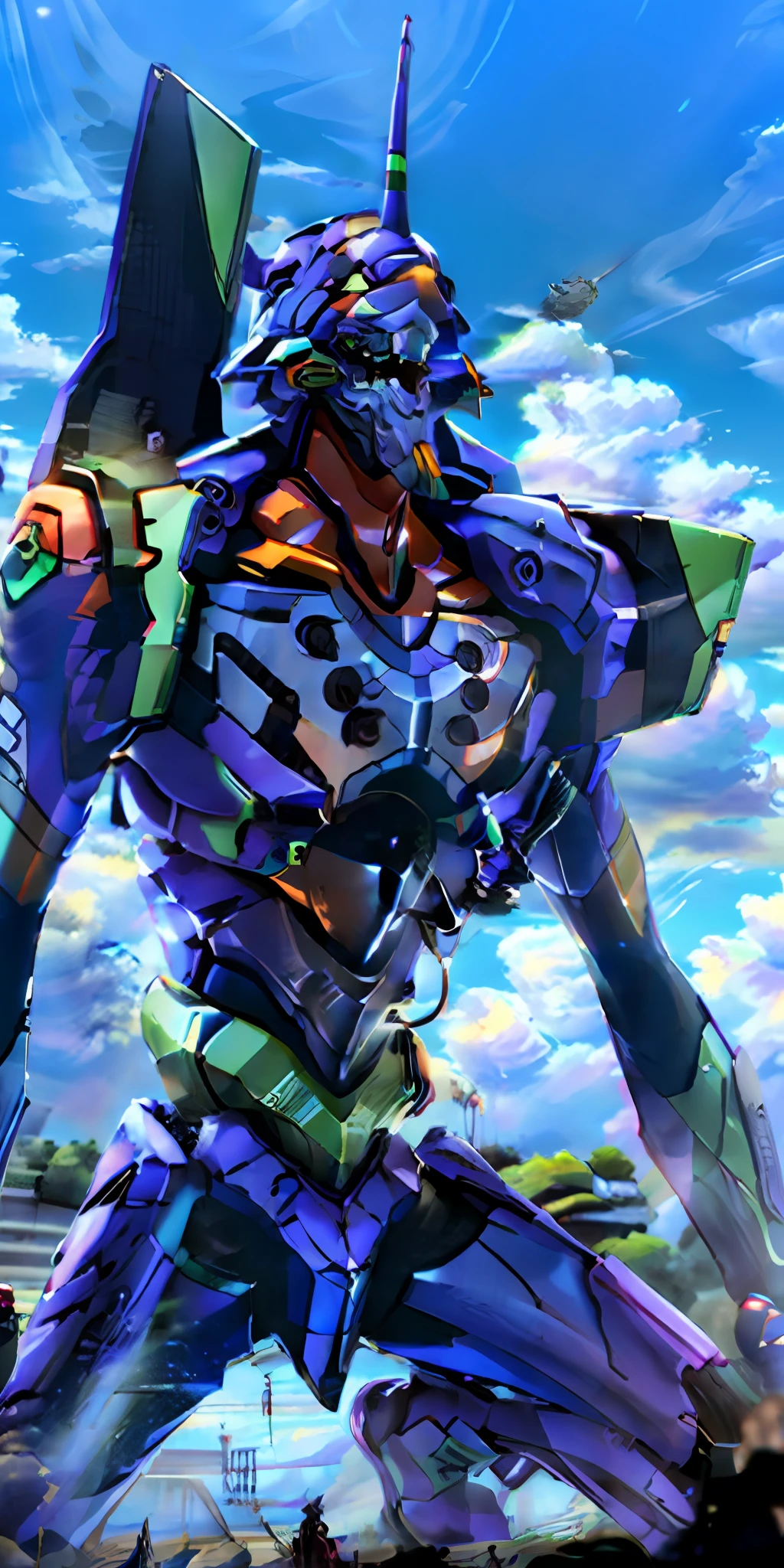 ((eva 01), evagod:1.1), evagenlion, Concept Design, sci-fic character design, SCIENCE FICTION, giant robot, advanced metal and Ceramic Mecha, Accurate EVA 01 head details, high-tech, huge android, (outdoors, sky, clouds), global illumination, rim light, octane rendering, ray tracing, 4k, Best quality, masterpiece, high res, highly detailed, scientific anatomy, carbon fiber, titanium alloy, hyperrealistic, anatomical, beautiful Tokyo-3 background, CG, unity, wallpaper, Futurism, epic sense, doomsday, sci-fi fighter, giant machinery, correct perspective