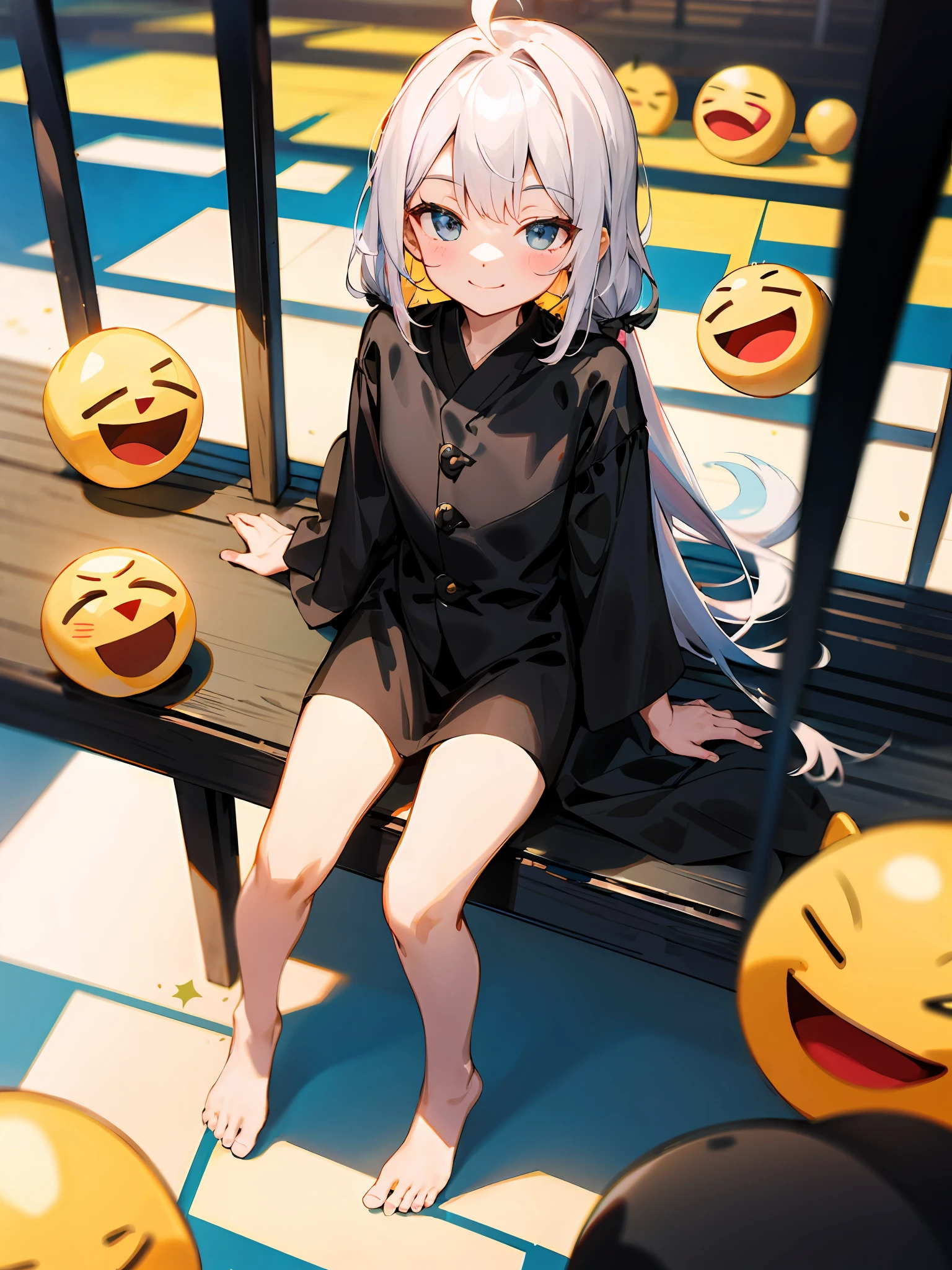 Emoji smile,sitted,Look up,Barefoot,Wearing black silk,Kizi