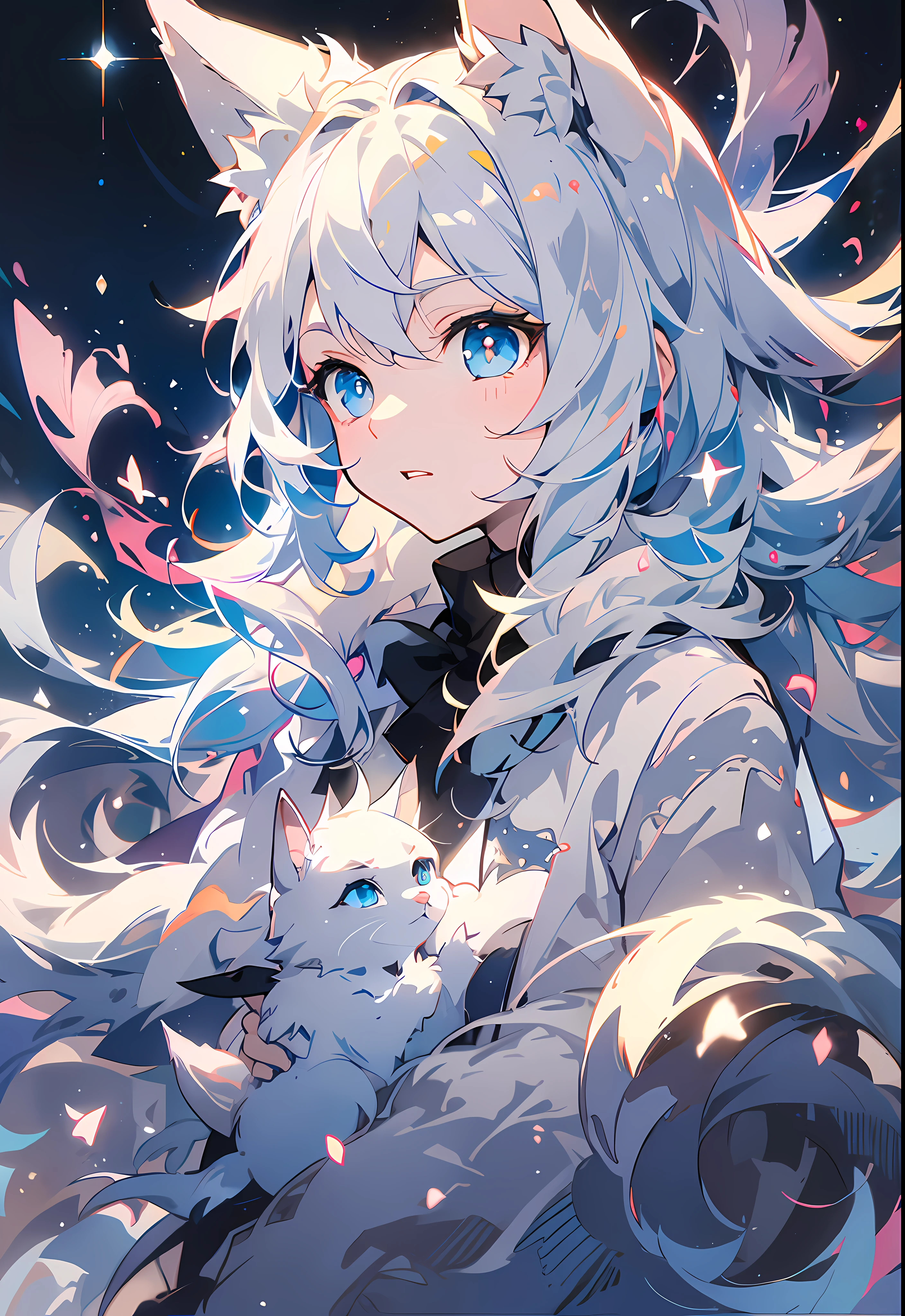 ((Fantastic 2D art style)),Highest quality images,Bright light and shadow,White trench coat,Cold white girl,Has blue eyes,White fur and cute fox ears,A lonely person,Unique temperament。