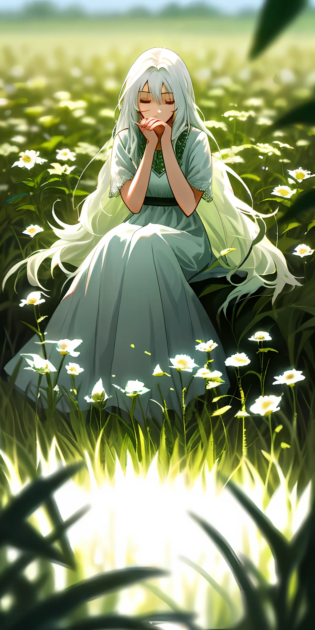 1 girl with long white hair sits in a field of green plants and flowers, puts her hands under her chin, warm lights, white dress, blurry foreground