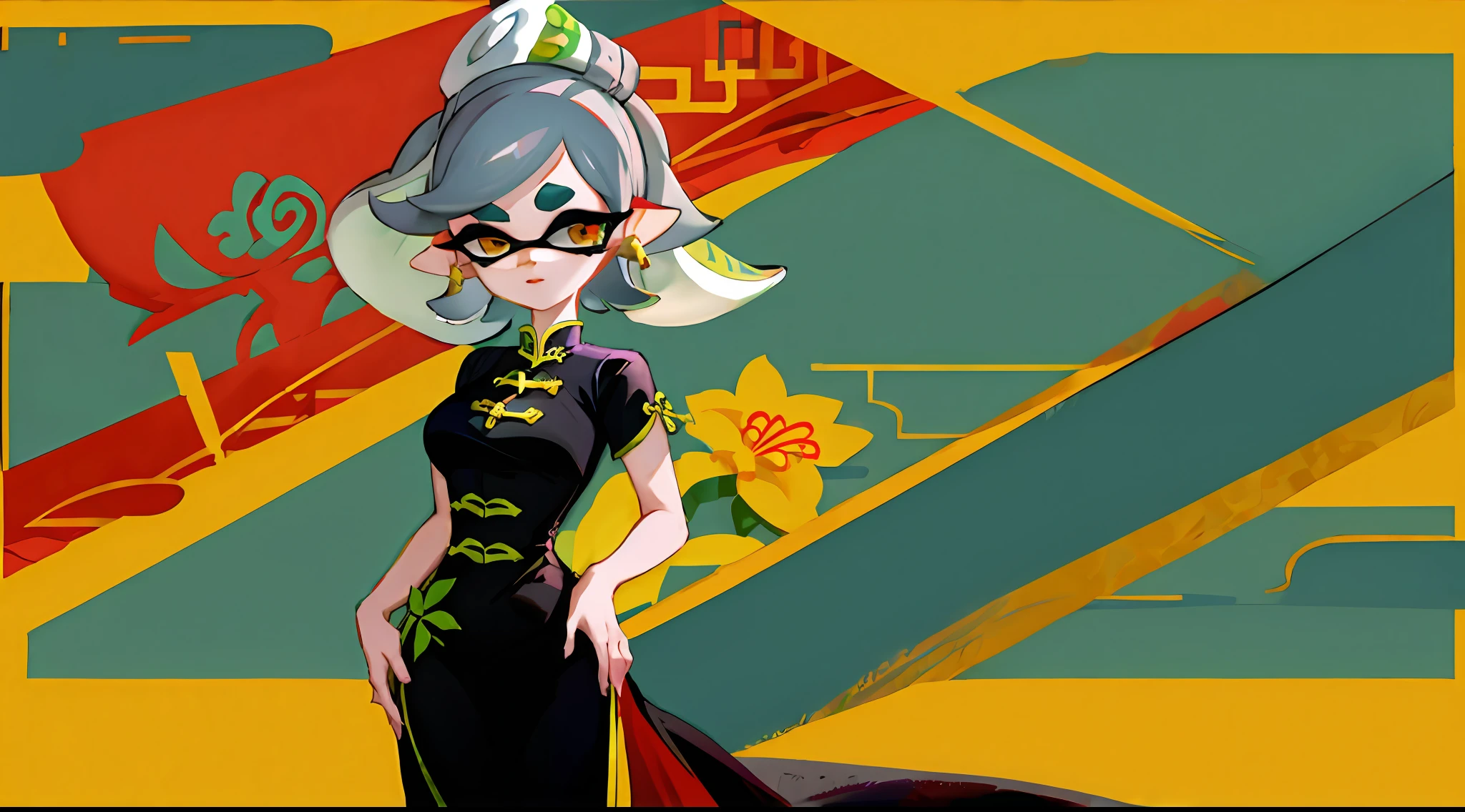 The character of Marie from the game Splatun stands in a full-length Chinese qipao dress sexy