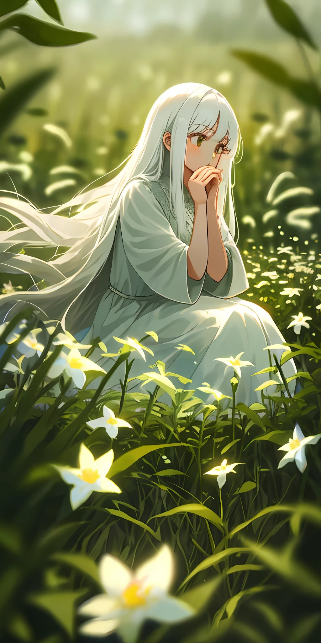 1 girl with long white hair sits in a field of green plants and flowers, puts her hands under her chin, warm lights, white dress, blurry foreground