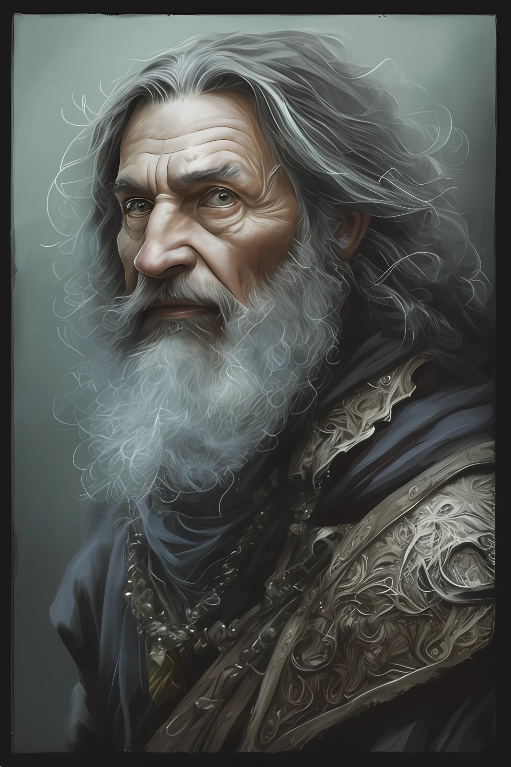 High angle detailed ((dnd dwarf businessman portrait)), continued, high definition, (oil painting: 1.1), (comic art style: 1.5), (ink outline: 1.3), stunning, people, portrait, (((sideways view ))), angular features, (black hair), (soft natural color: 1.3) painting style by Jean Baptiste Monge middle age, male, dwarf, rich, jewel, gold coin, chunky, big nose, big face, neat beard