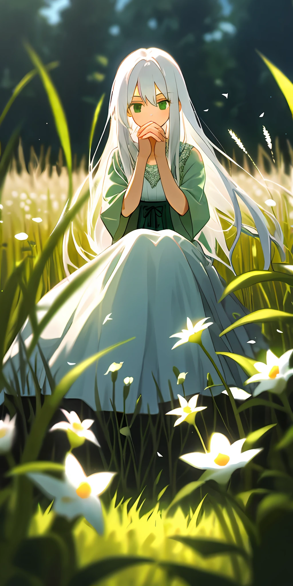 1 girl with long white hair sits in a field of green plants and flowers, puts her hands under her chin, warm lights, white dress, blurry foreground