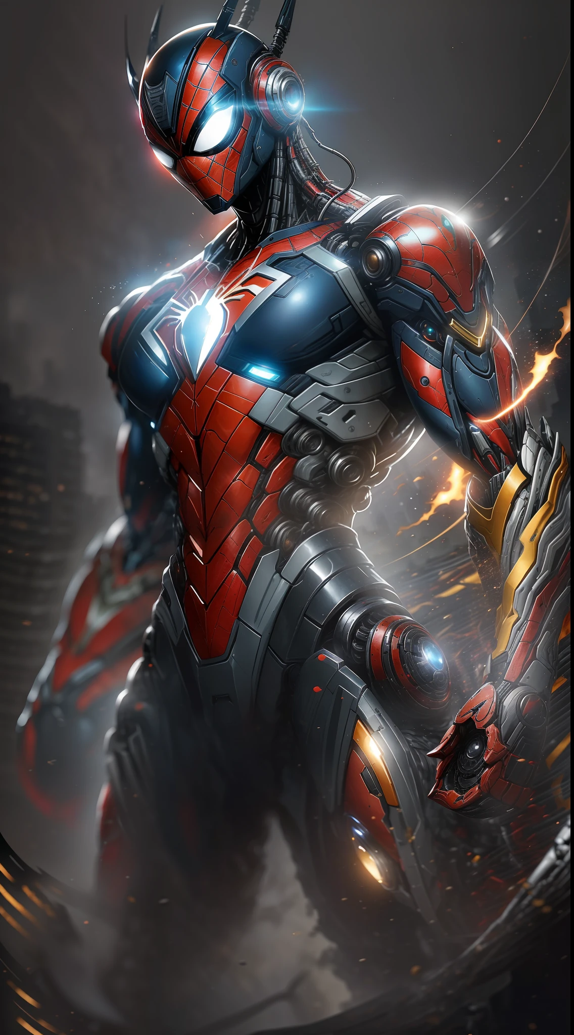 Dois Homem-Aranha de Ouro e outro de prata da fotografia da Marvel, Biomechanicals, complex robot, crescimento completo, hiper-realista, pequenos detalhes insanos, linhas extremamente limpas, aesthetic cyberpunk, obra-prima apresentada no Zbrush Central