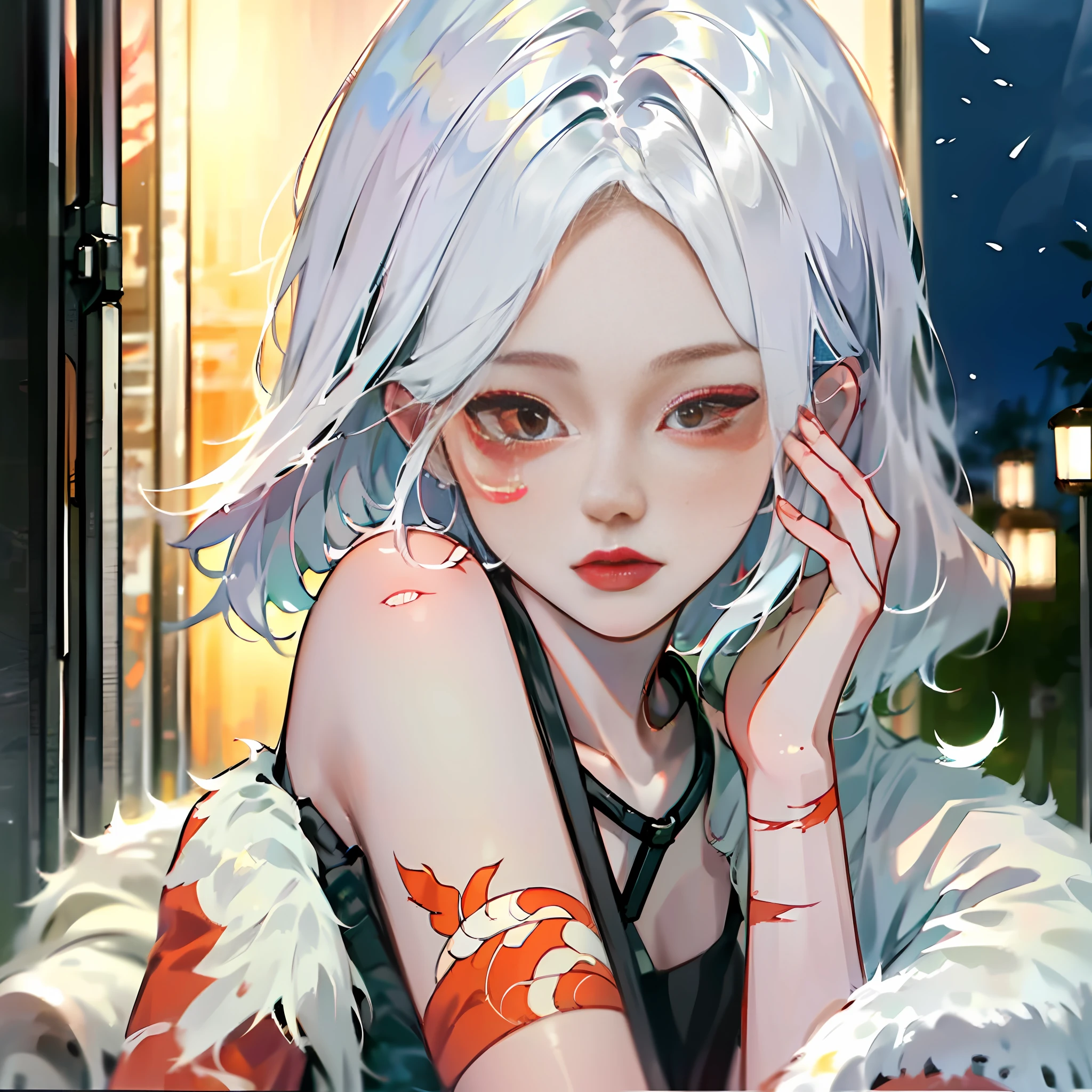 Perfect masterpiece A young girl with short white hair and red pupils，Curl up in the streets and alleys on a rainy night，Covered in scars，With tears，A pistol was tightly held in his hand