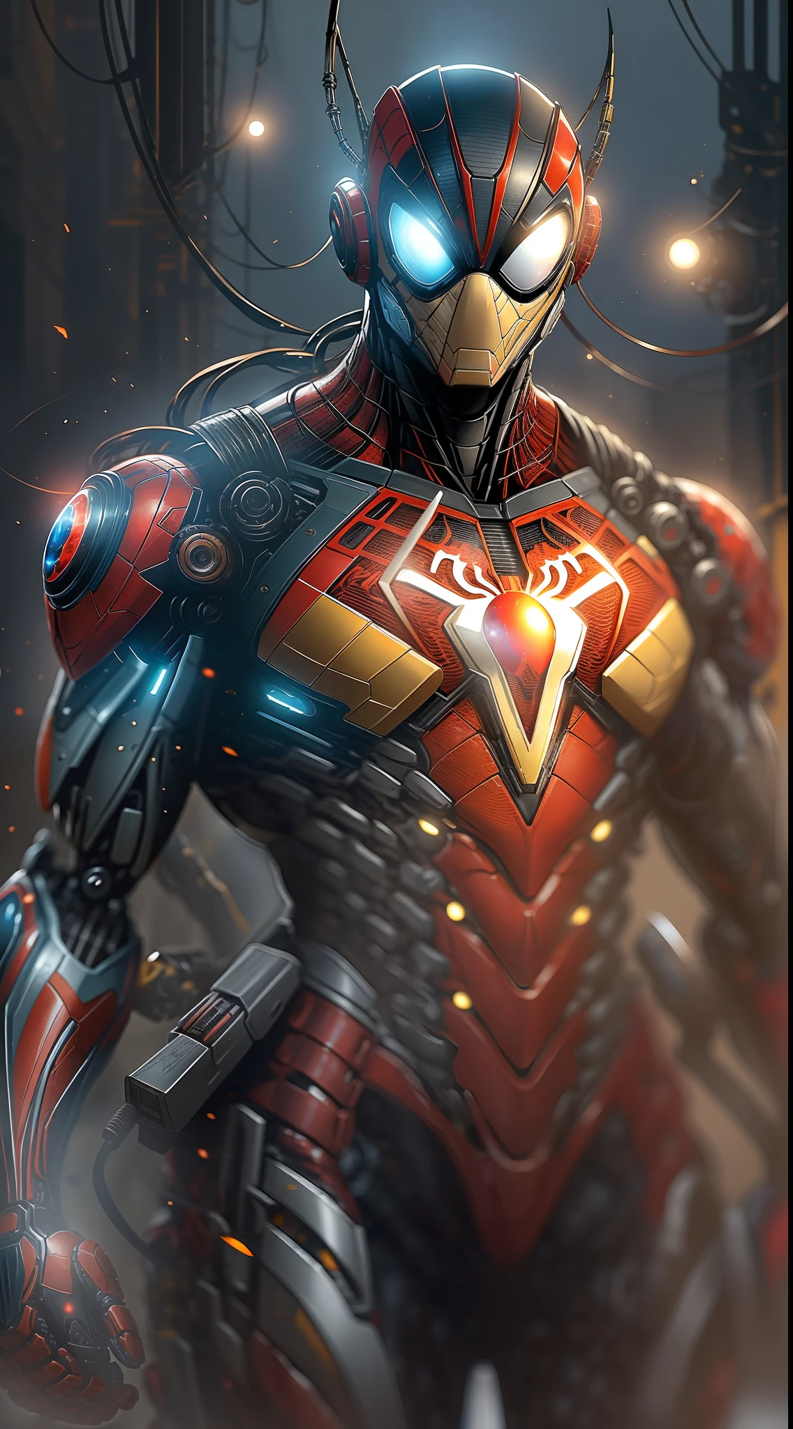 Dois Homem-Aranha de Ouro e outro de prata da fotografia da Marvel, Biomechanicals, complex robot, crescimento completo, hiper-realista, pequenos detalhes insanos, linhas extremamente limpas, aesthetic cyberpunk, obra-prima apresentada no Zbrush Central