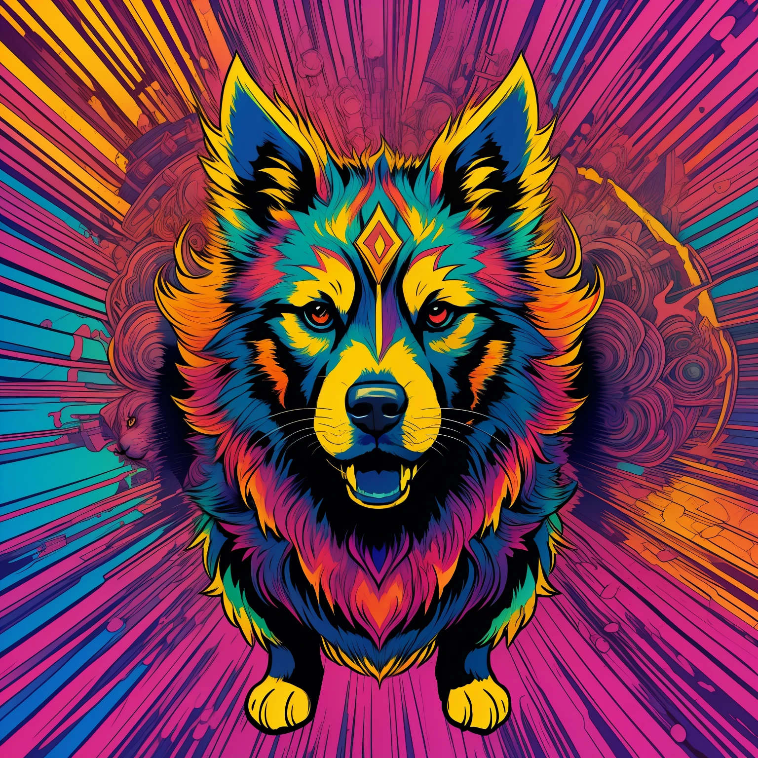 PSYCO DOG, with explosion of colors in the background art line art for shirt