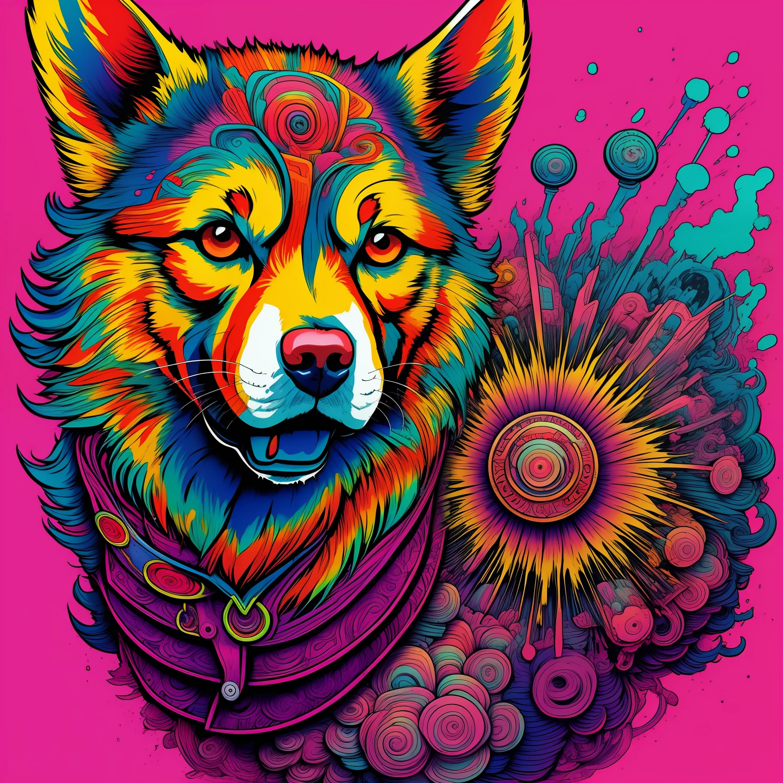 PSYCO DOG, with explosion of colors in the background art line art for shirt