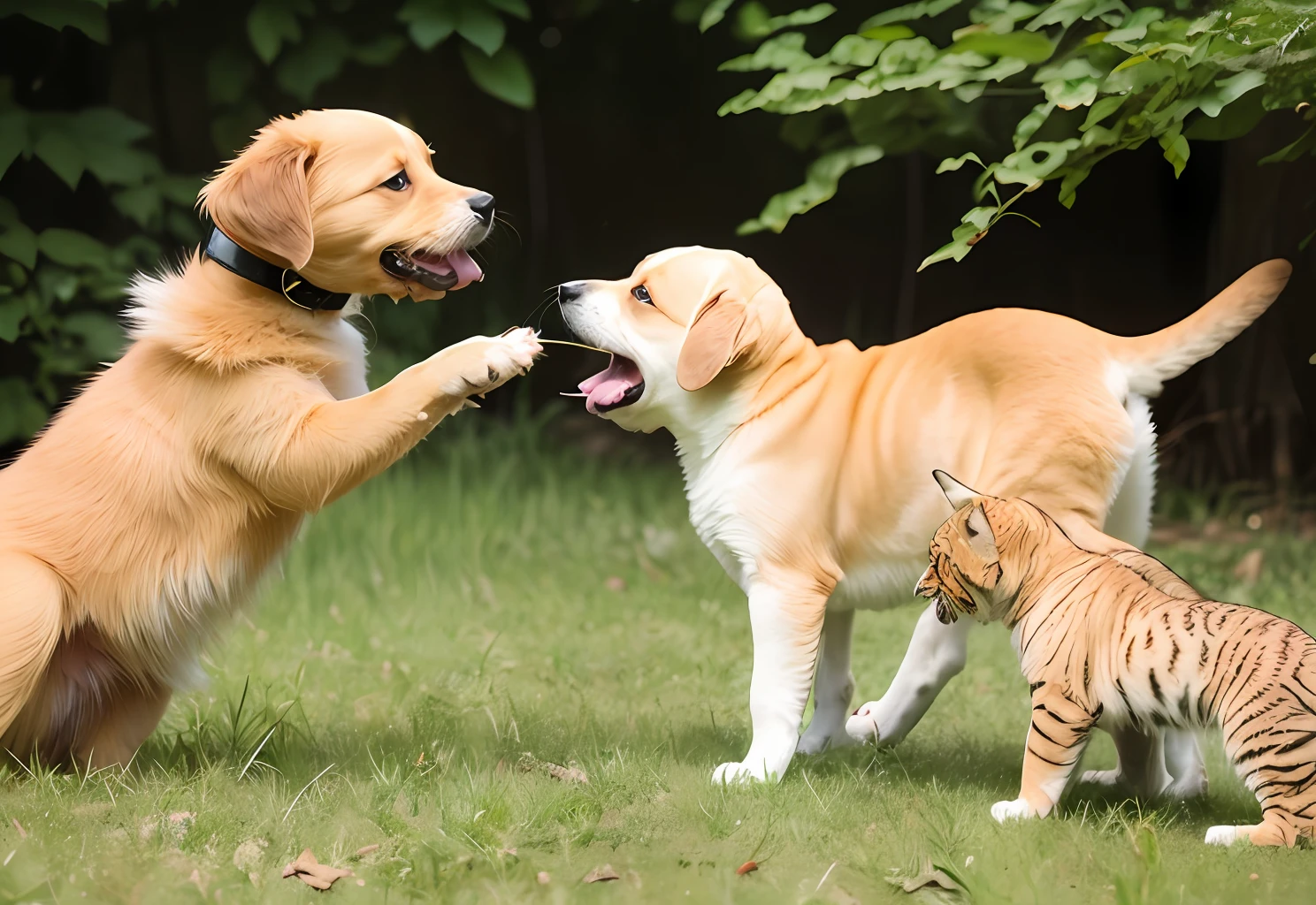 Puppies eat big cats