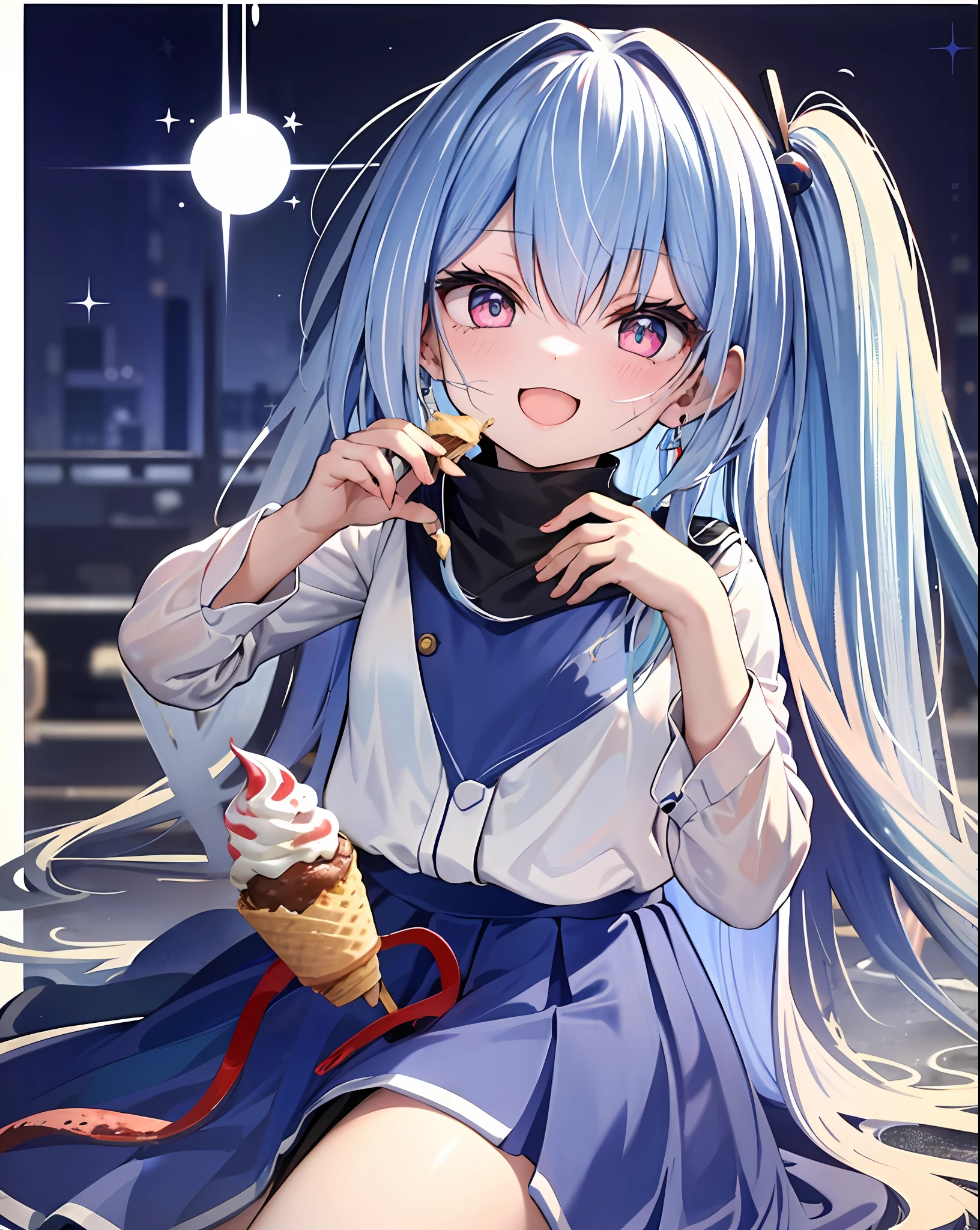 (anime),(adolable)Little smiles in the sun,Red fries hair and(blue green+amarelo)The color combination makes it even more fascinating。Little Lori wears a soft skirt,A stark contrast to the playful ice cream truck background。The blurred background makes the subject stand out more。