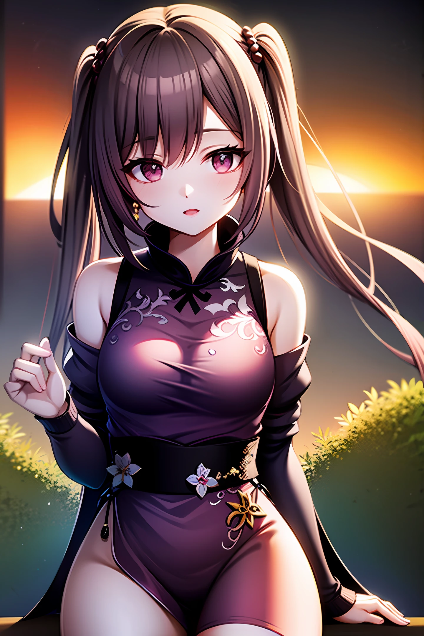 Maiden in cheongsam in violet garden at sunset