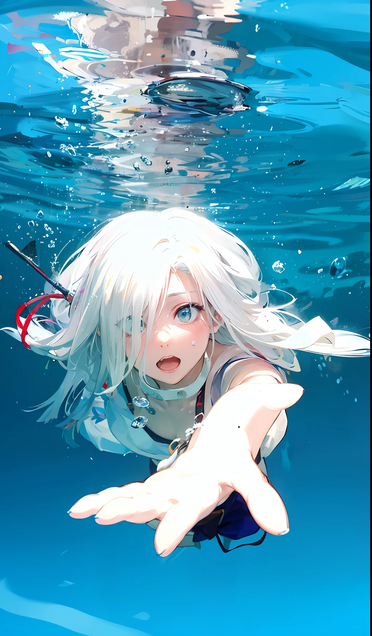 Flowing white hair, Under water,Take underwater photos underwater