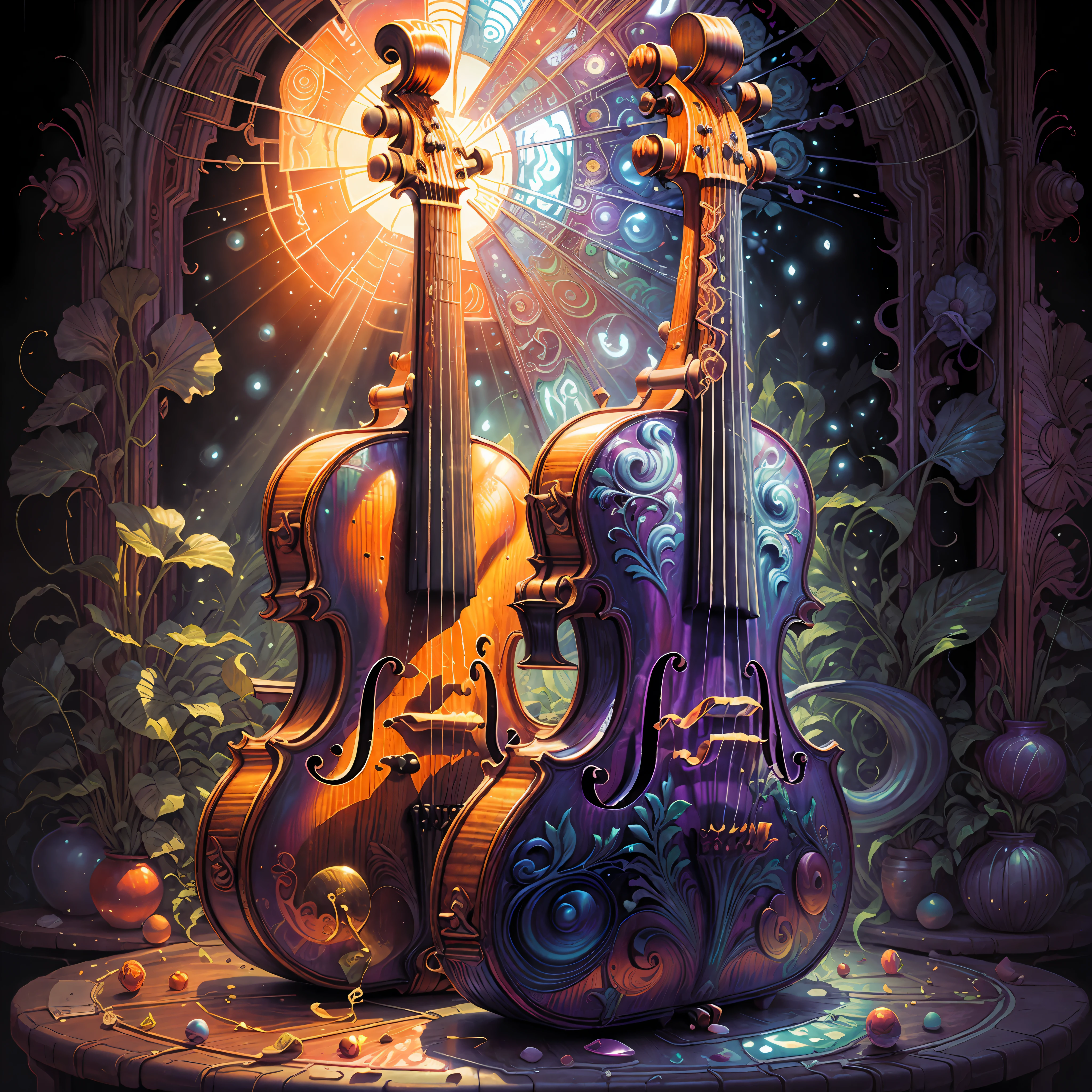 Cello Bach Surrealism Sunlight shines through stained glass --auto