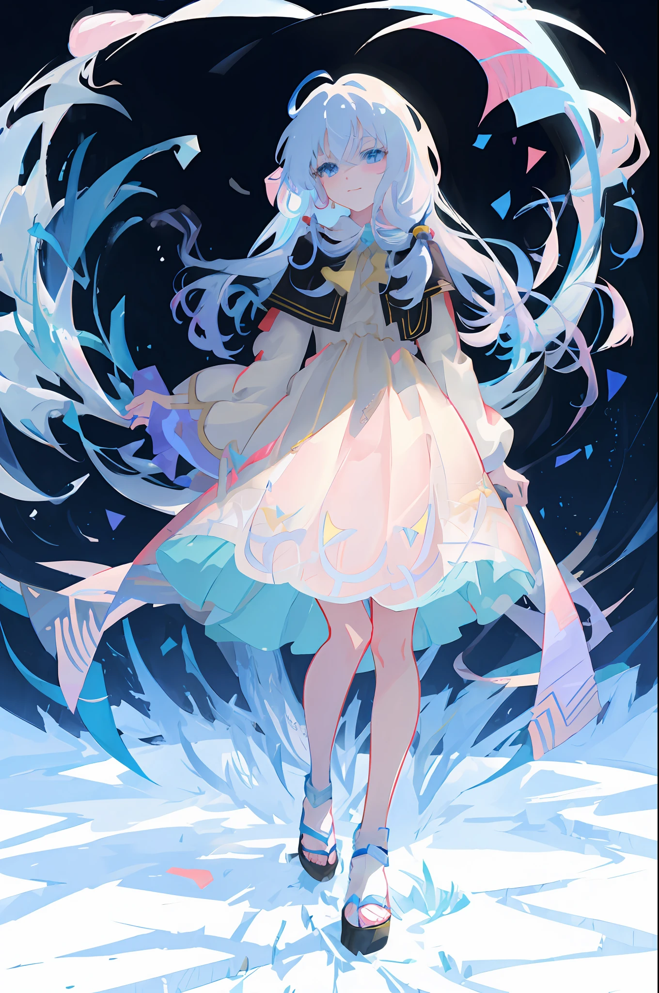 anime girl with long white hair and blue dress in the air, Digital art on Pixiv, Anime art wallpaper 8 K, style of anime4 K, zerochan art, pixiv contest winner, Anime art wallpaper 4k, Anime art wallpaper 4 K, trending on artstation pixiv, Beautiful anime art, Pixiv style, Beautiful anime artwork, anime abstract art