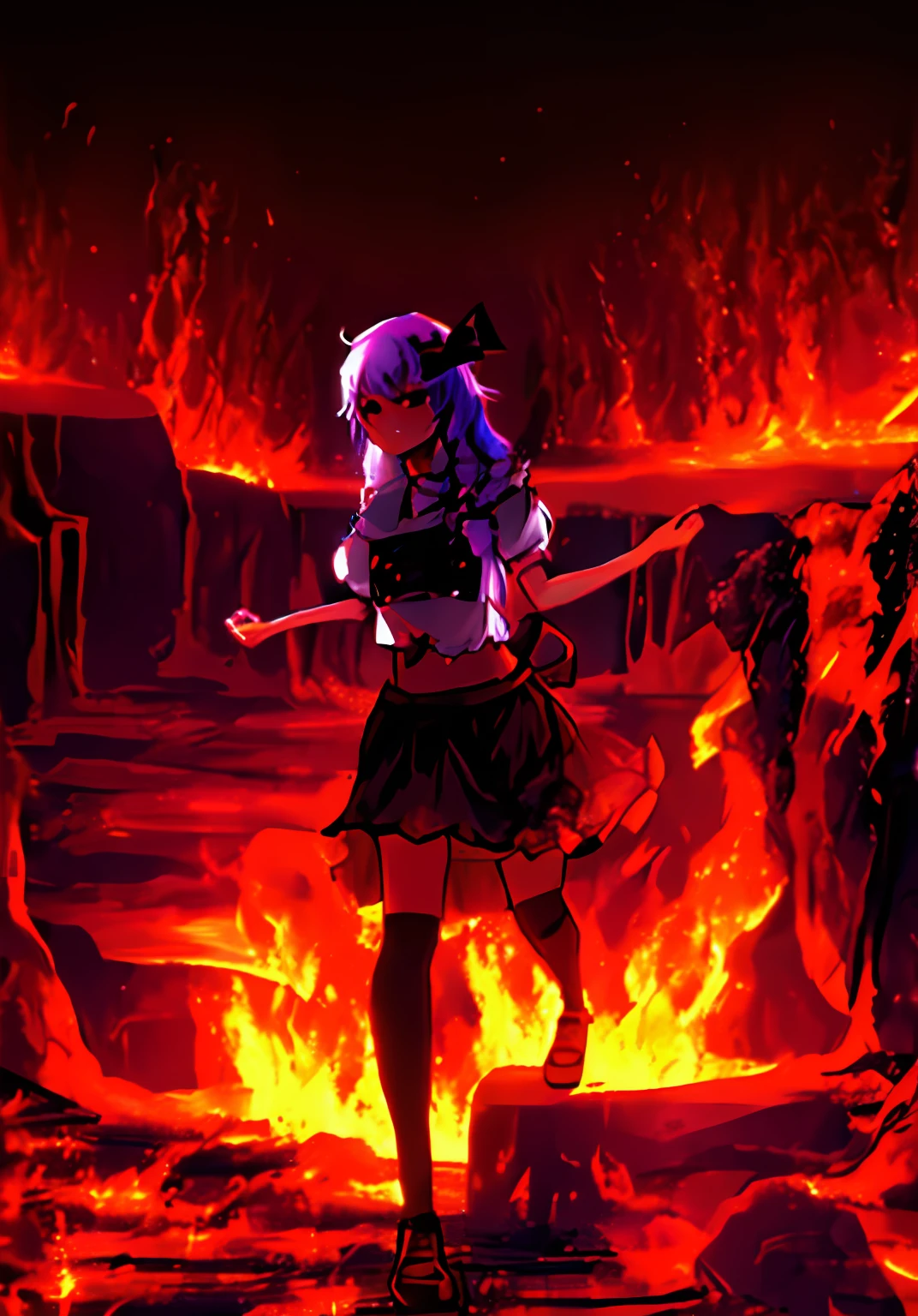anime girl in a dress standing in a lava cave, gapmoe yandere grimdark, Bikini. background of hell. gore, Fire!! Full body, touhou character, kirisame marisa from touhou, gapmoe yandere, anime style like fate/stay night, from touhou, marisa kirisame, Also, , anime moe art style