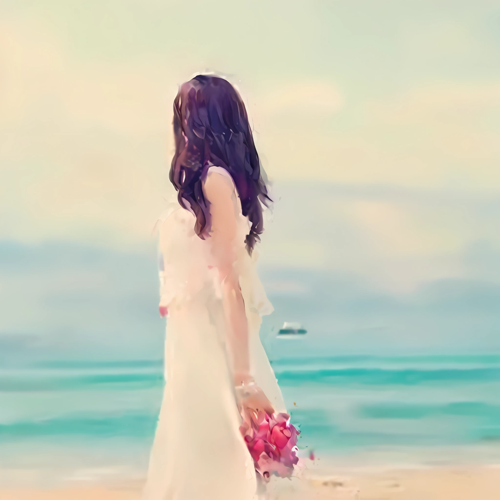 Bride on the beach,holds a bouquet of flowers, beautiful lonely girl, very beautiful photograph of, beautiful dreamy breathtaking, beautiful girl on the horizon, standing on the sea side, beutifull, far away dreamy atmosphere, in the beach, on the beach, Beautiful photography, standing near the beach, big breasts beautiful, big breasts beautiful, standing at the beach, girl on the beach