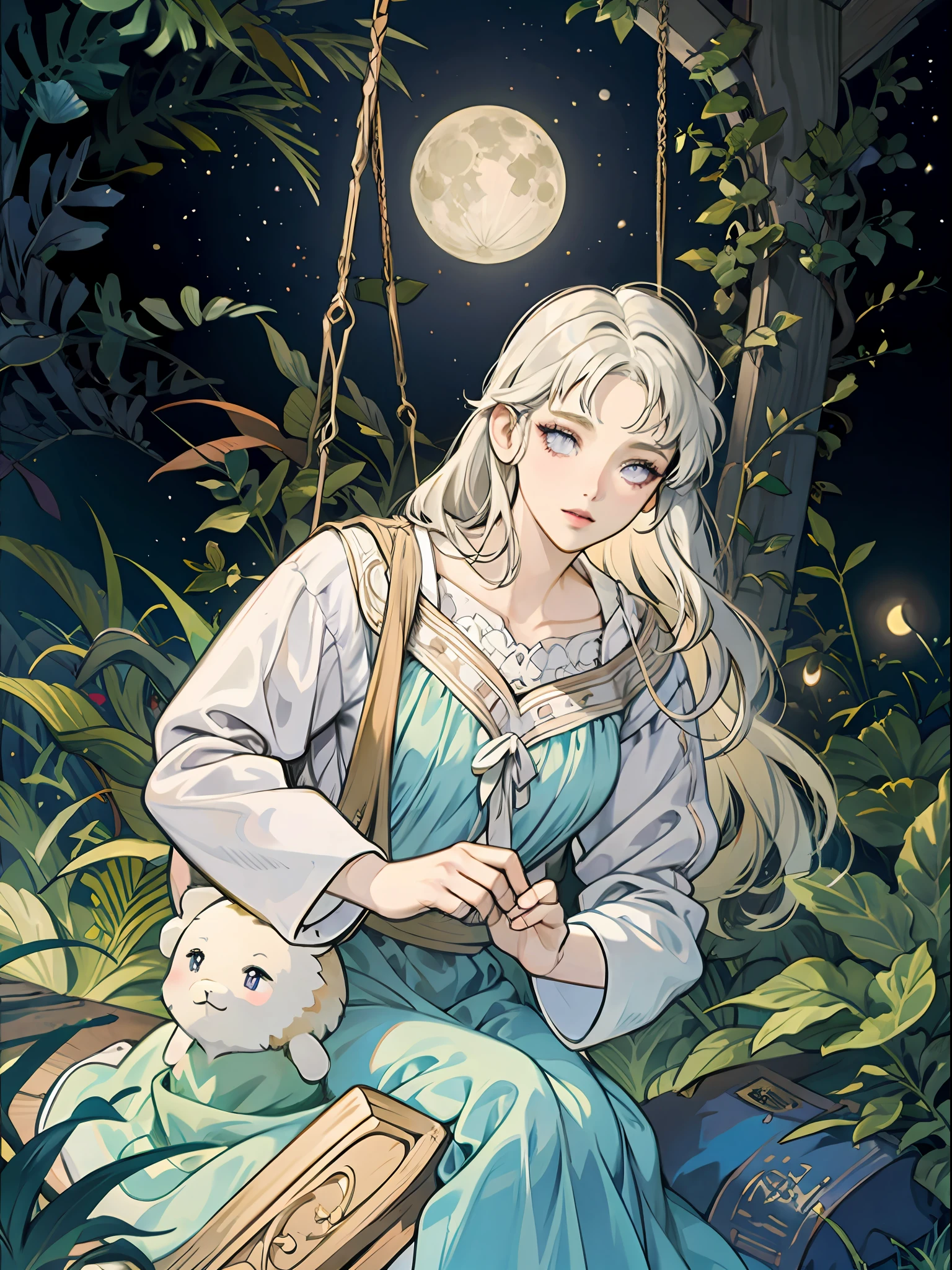 there is a woman sitting on a swing in the woods, anime fantasy illustration, goddess of the forest, galadriel, in the art style of bowater, fairy-tale illustration style, fantasy art style, goddess of the moon, goddess of nature, alphonse mucha and rossdraws, official art, fey queen of the summer forest, ethereal anime, blunt bangs, dark blue hair, purple eyes