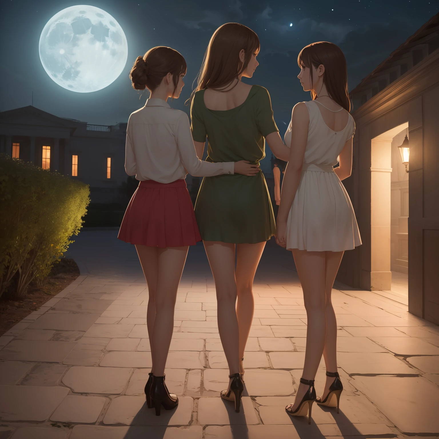full figure y full figure skinny mom 33 years old woman whit 13 ughter at a party inside a palladian villa, wearing very short miniskirt, micro top, light brown hair and dark green eyes
. cinematic, moonlight, night,