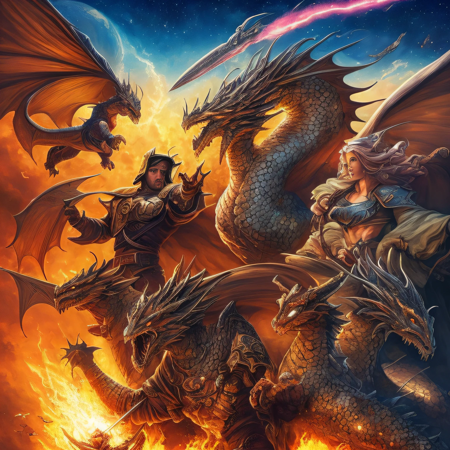 Close-up of Miguel and the angels and Dragons. legiones de angeles divinos, en contra del mal. luchando contra el maligno dragon de 7 cabezas,Entonces hubo guerra en el cielo: Michael and his angels fought against the dragon. And the dragon and his angels fought,pero no pudieron vencer, nor was there any place for them in heaven..... The battle is bloody, y legiones de angeles pelean con espadas de fuego y armaduras contra la legion de demonios, del ejercito del maligno.la batalla se desarrolla en una ciudad apocaliptica de la antiguedad, Cosmic background with nebulas, stars and galaxies antes de la humanidad.Cuerpos completos y close-ups, 8K, ultra definicion, perfectos cuerpos y natural textura de piel, Boris Vallejo style. --auto