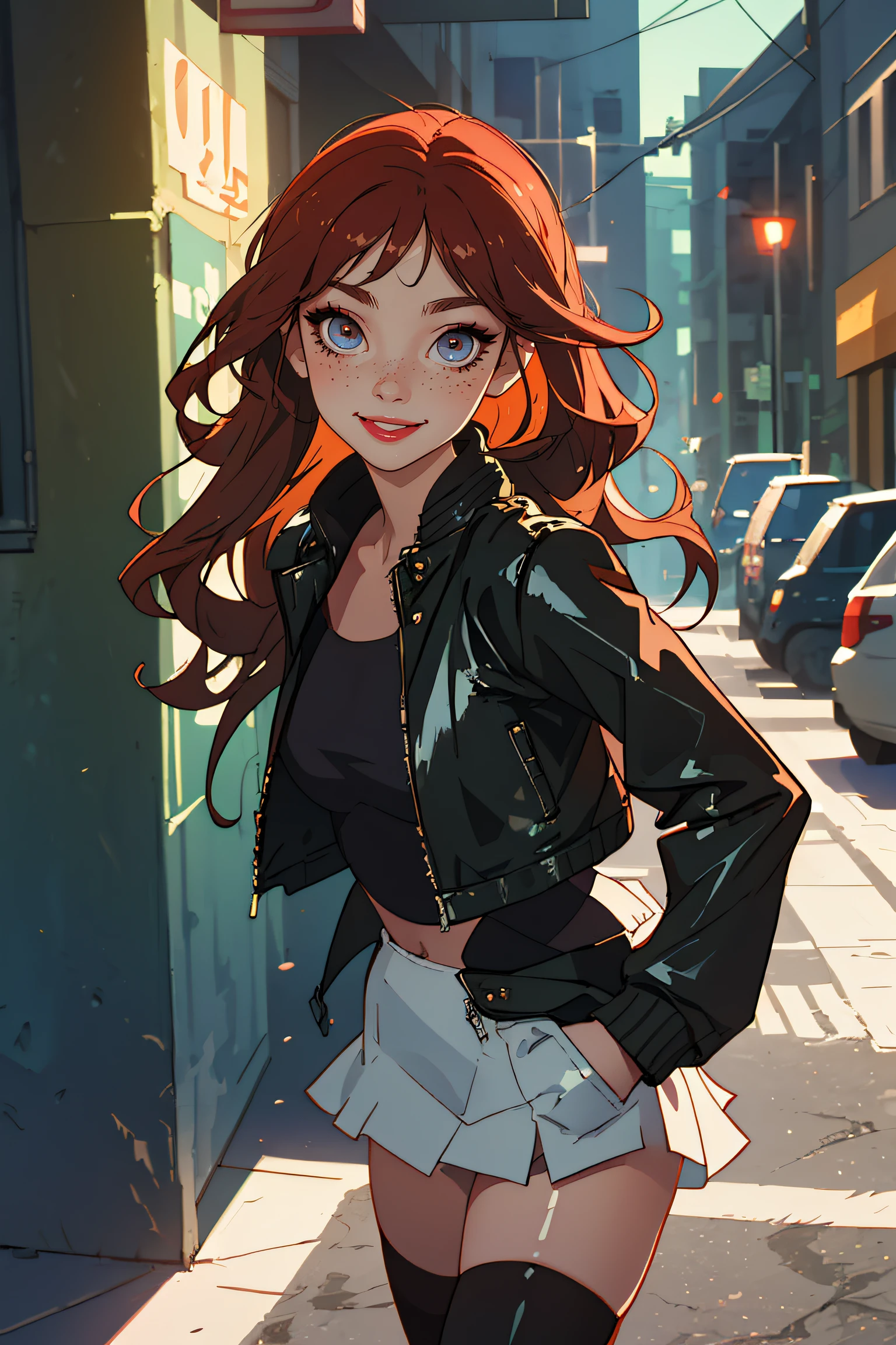 (best quality, masterpiece), 1girl, leather jacket, thighhighs, makeup, hand in pocket, looking at viewer, backlighting, seductive smile, freckles, street,