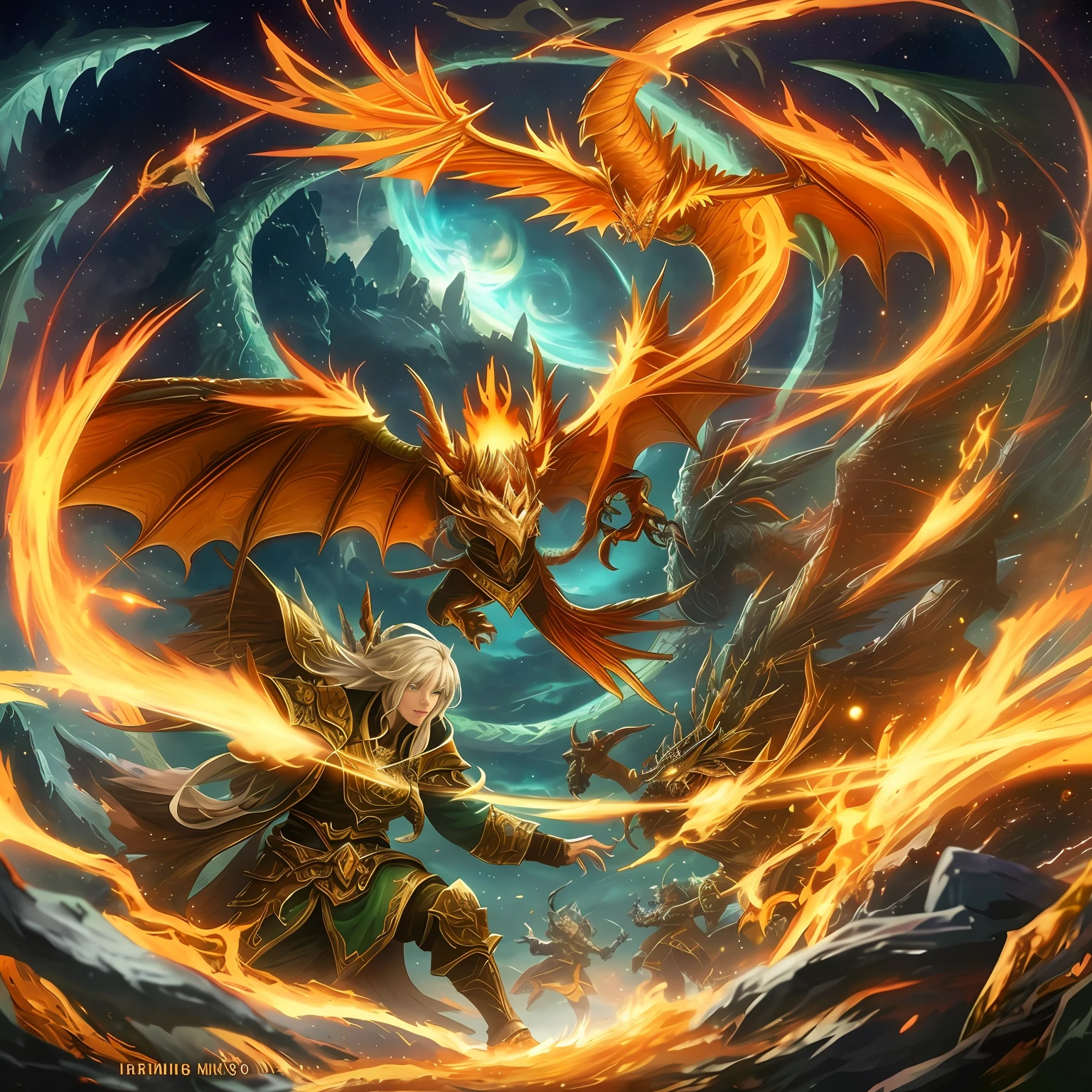 Close-up of Miguel and the angels and Dragons. legiones de angeles divinos, en contra del mal. luchando contra el maligno dragon de 7 cabezas,Entonces hubo guerra en el cielo: Michael and his angels fought against the dragon. And the dragon and his angels fought,pero no pudieron vencer, nor was there any place for them in heaven..... The battle is bloody, y legiones de angeles pelean con espadas de fuego y armaduras contra la legion de demonios, del ejercito del maligno.la batalla se desarrolla en una ciudad apocaliptica de la antiguedad, Cosmic background with nebulas, stars and galaxies antes de la humanidad.Cuerpos completos y close-ups, 8K, ultra definicion, perfectos cuerpos y natural textura de piel, Boris Vallejo style. --auto