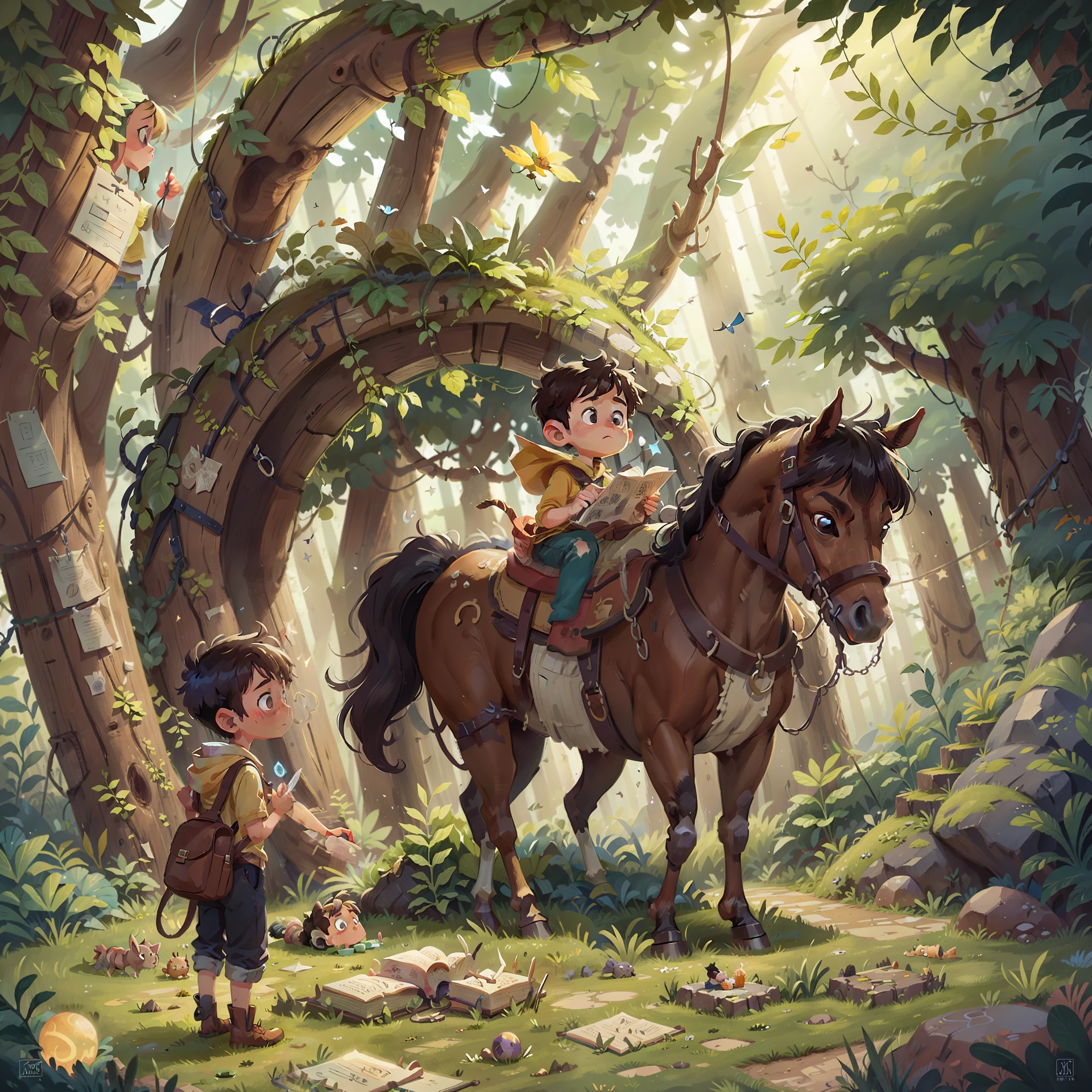 1 boy and a magical horse solving a complicated puzzle in the underground labyrinth, with Star using her wits to help find the way out.