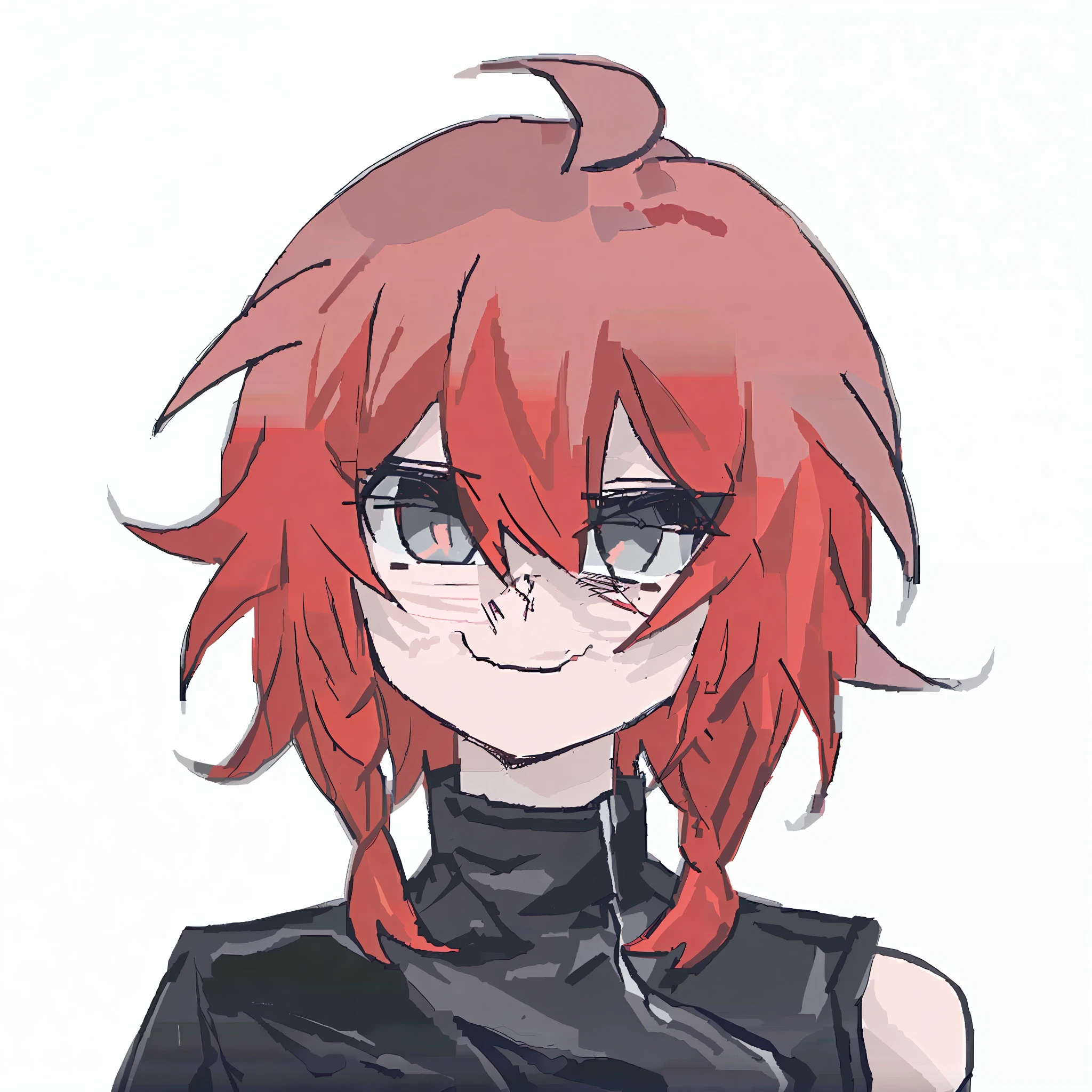 Anime girl with short red hair with gray glasses, flat anime style shading,   in an anime style, [[[[grinning evily]]]], anime moe art style, clean and meticulous anime style, gapmoe yandere, anime style character, anime style portrait, smiling wryly,