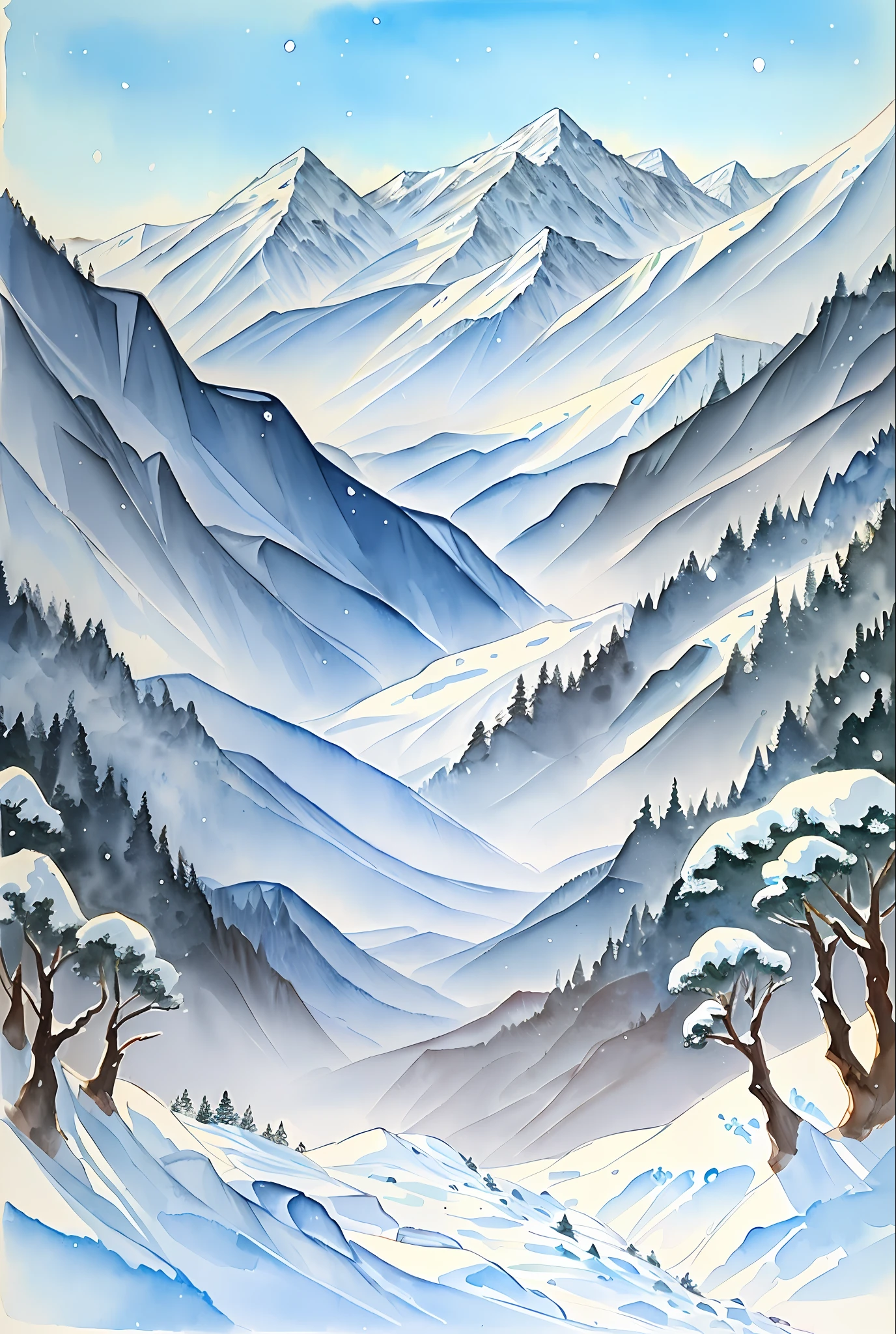 ( acuarela \(Medio\), dibujo, Snow-capped mountains with trees.