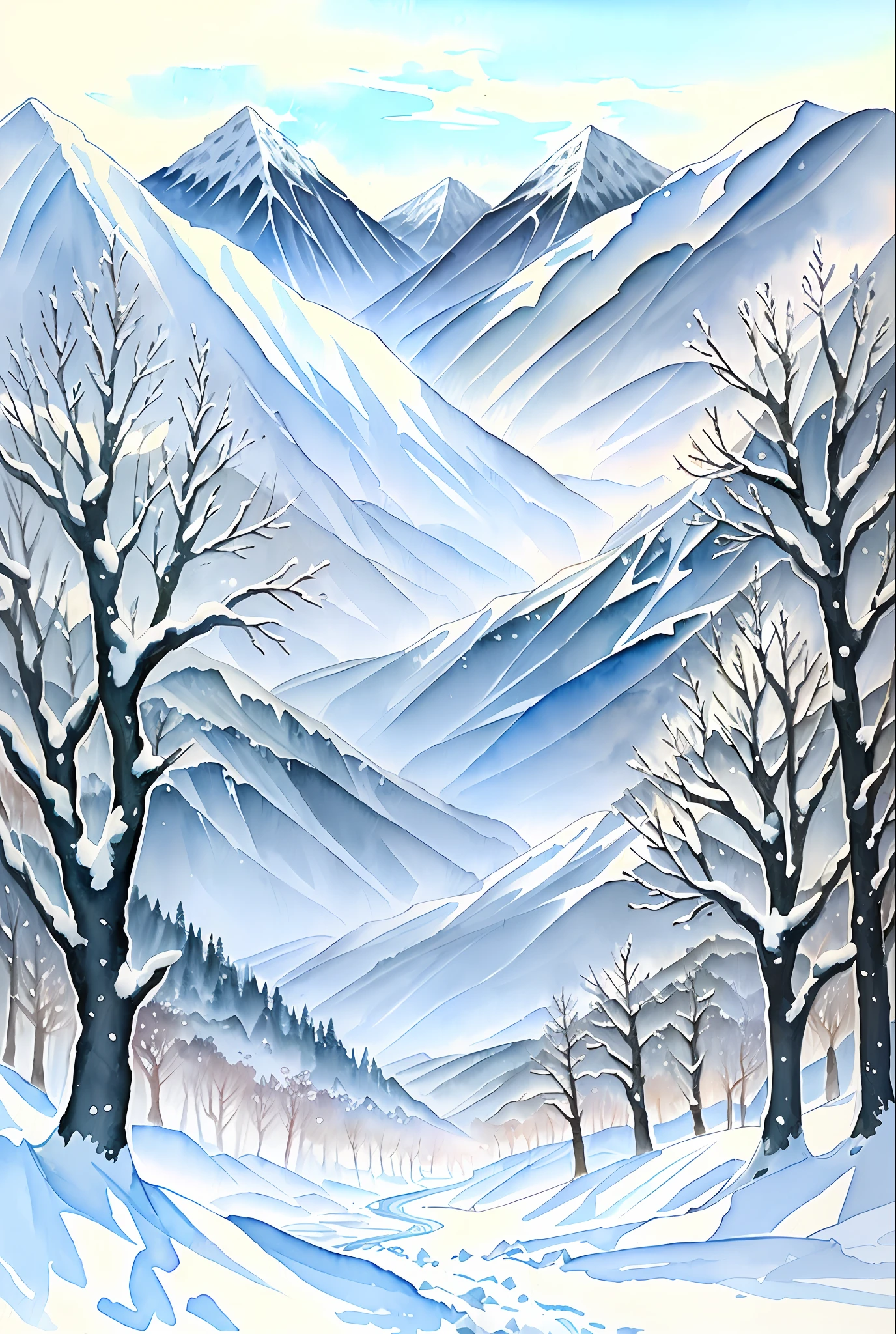 ( acuarela \(Medio\), dibujo, Snow-capped mountains with trees.