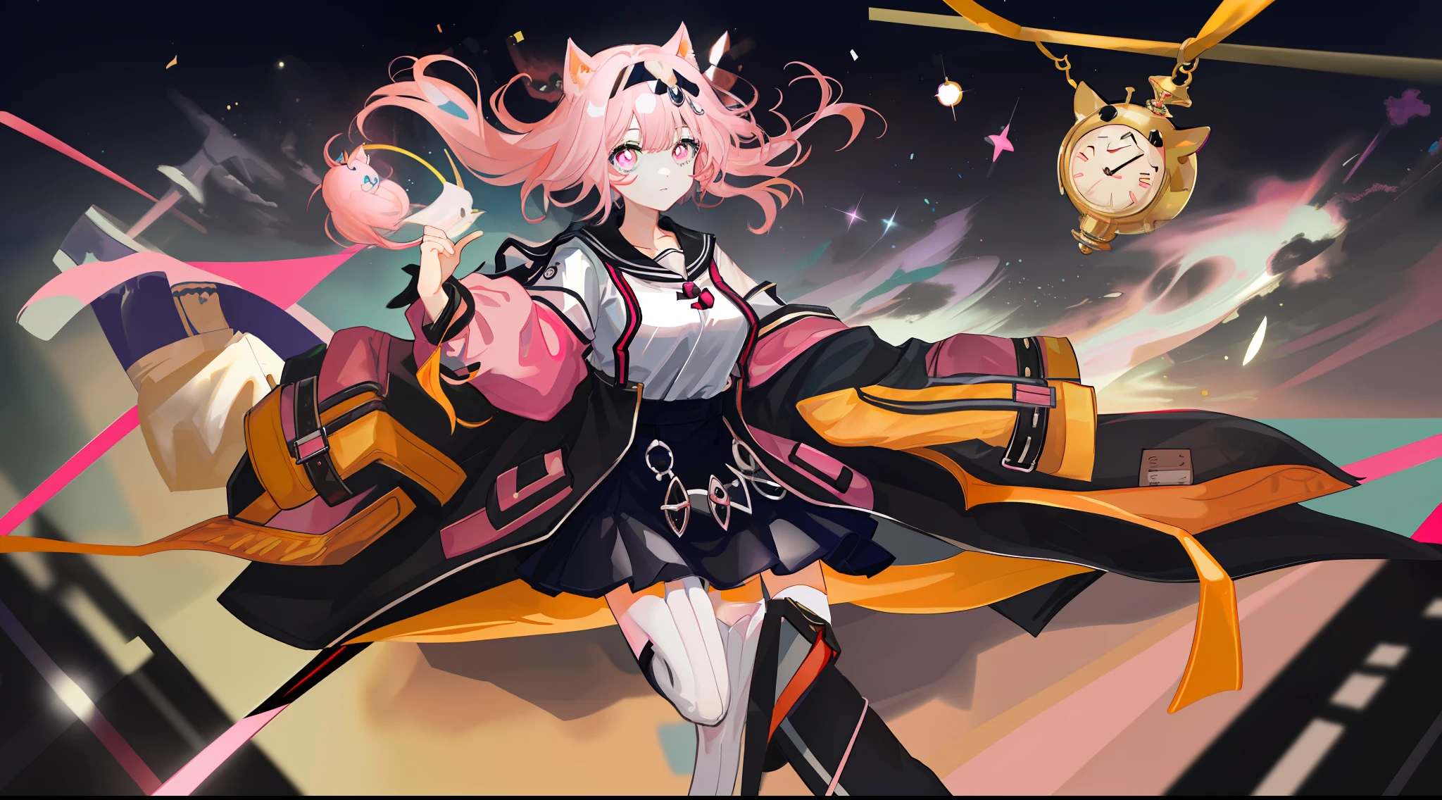 超高分辨率，Character best quality，tmasterpiece，Extremely delicate girl，Golden pupils，A pink-haired，slender leg，Be red in the face，shylily，Sailor collar，Short top,Large plastic pink coat，pleatedskirt, White striped suspenders white stockings,Hanging cat ears，Pink canvas shoes, Suspended in the air，It is surrounded by various objects