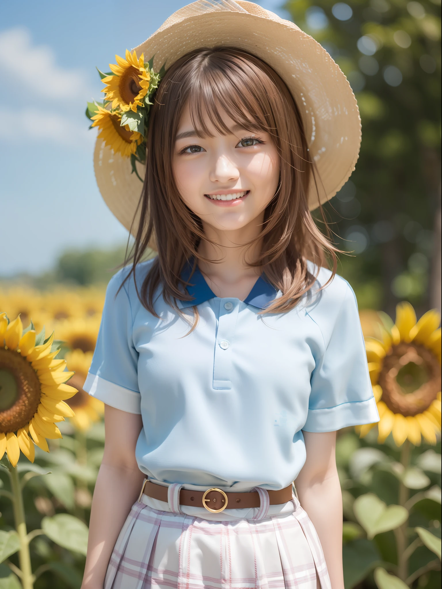 (​masterpiece、highest  quality:1.2), cowboy  shot, 独奏, 1girl in, honma himawari, a smile, see the beholder, Ahoge, Sunflower hair ornament, a sailor suit、 plaid skirts, sunflowers fields、Live Action、realisitic、a smile