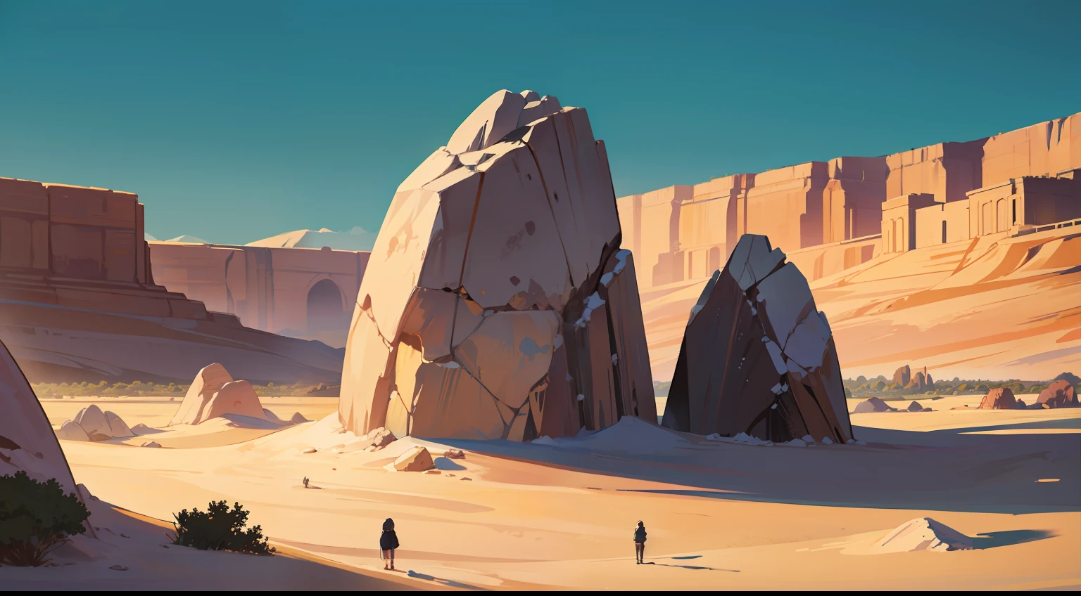 A desert landscape with a rock formation, suelo de roca grande,