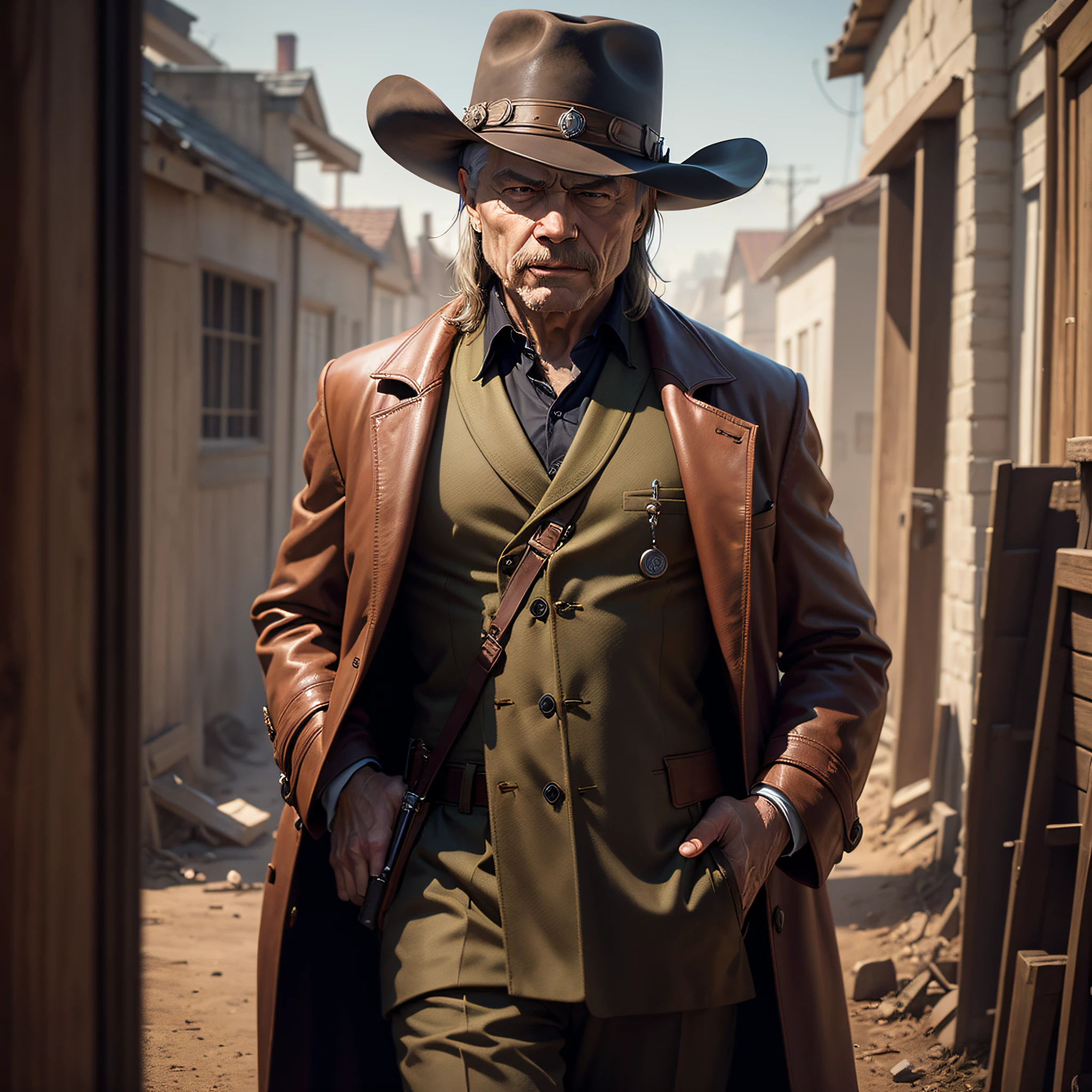 Charles Bronson faroeste western cidade texas,Charles Bronson in a brown hat and coat,revolver,Django a coffin with machine gun,pintura digital,UHD,4K,fantasia faroeste --auto