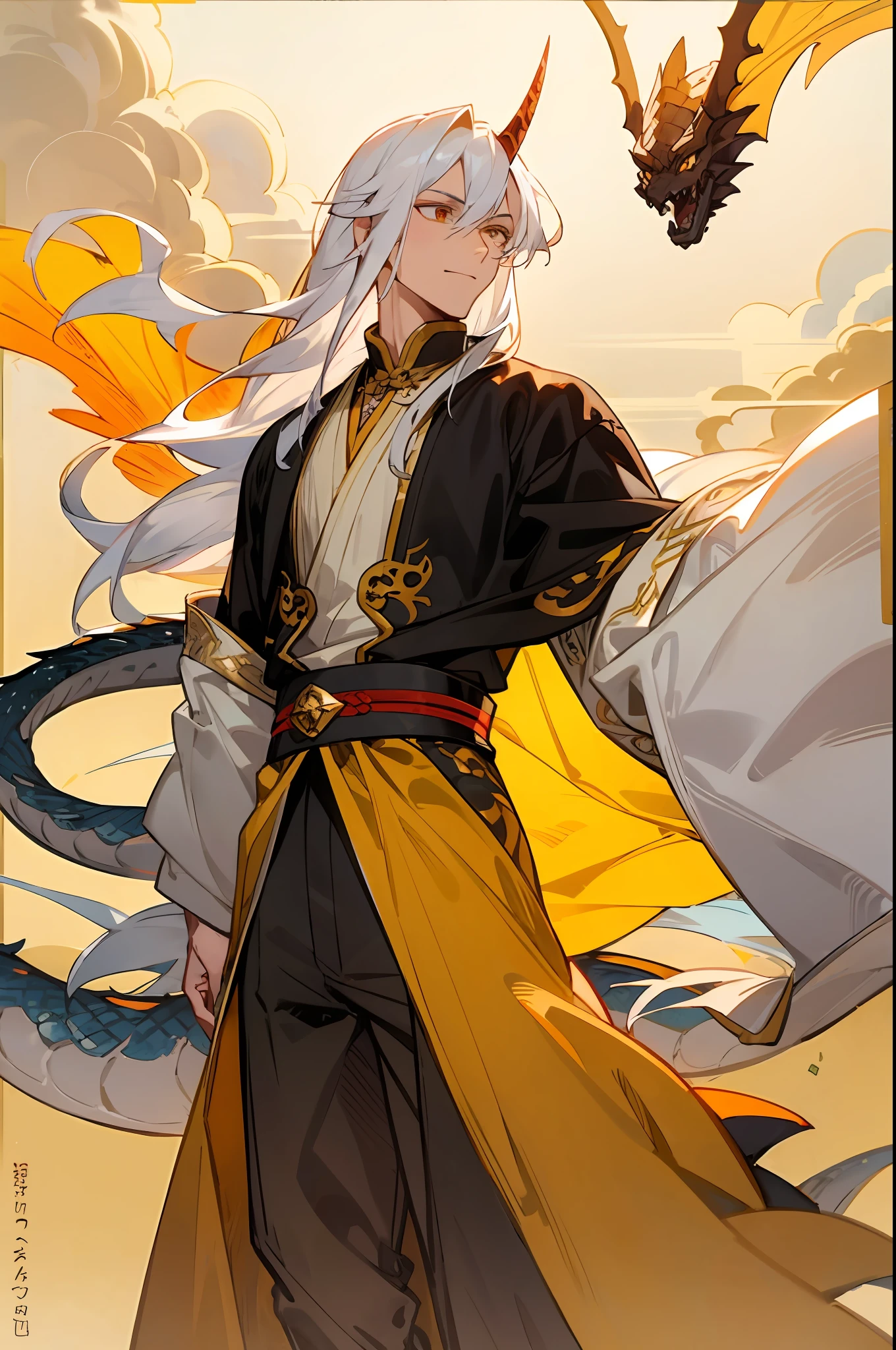 male people,long white hair,,Gold clothes,Dragon's horn,loong pattern,Thunderclouds in hand,full bodyesbian,Fly in the air,Thunderstorm days